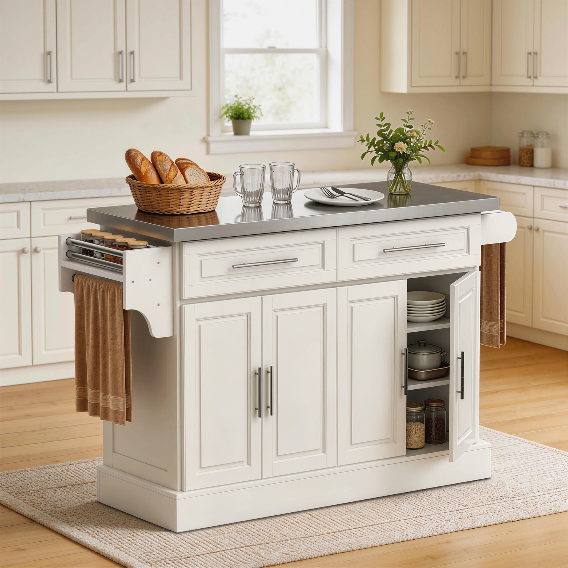 HOMCOM Rolling Kitchen Island with Stainless Steel Top, 2 Drawers, Spice, Knife and Towel Rack and Cabinets, Cream White