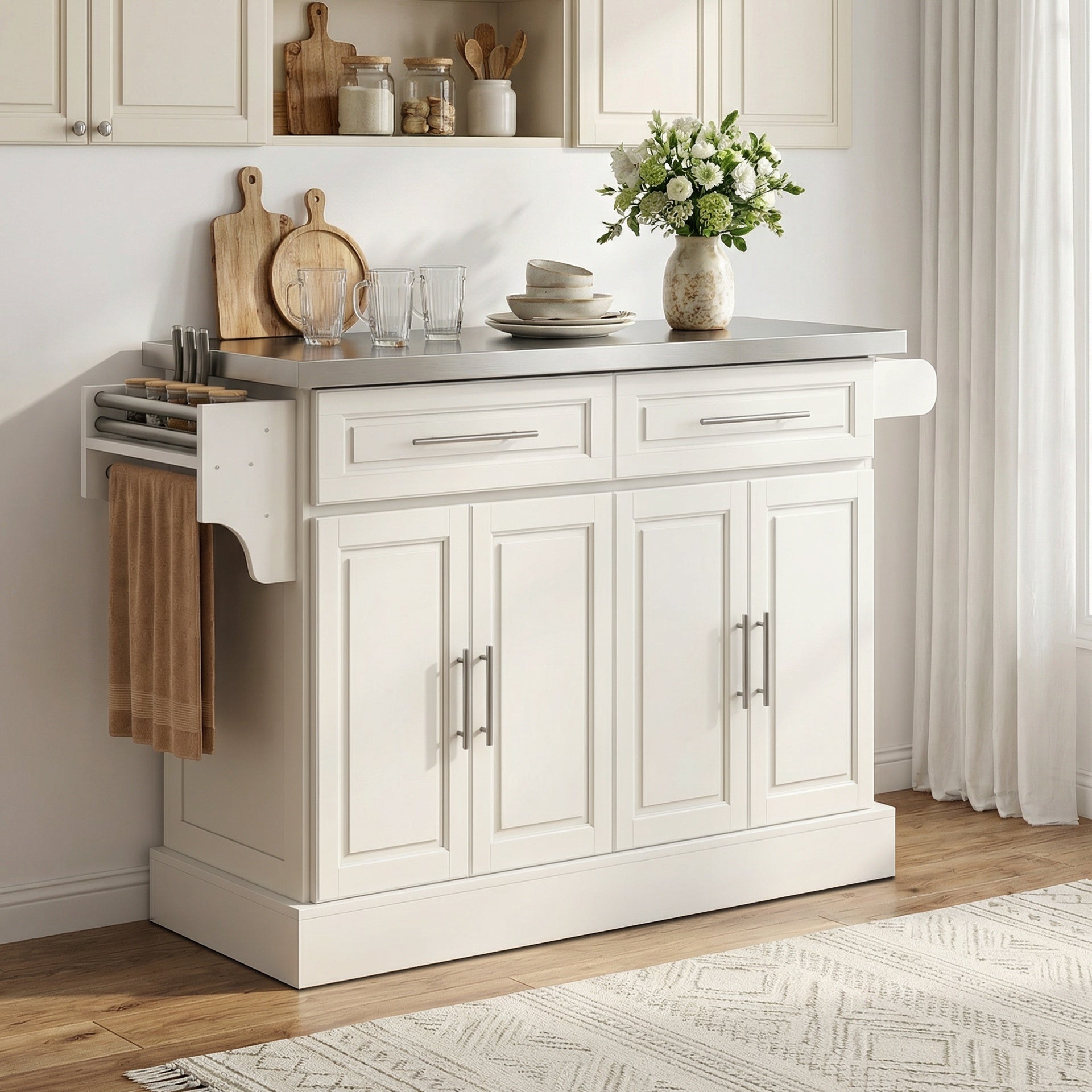HOMCOM Rolling Kitchen Island with Stainless Steel Top, 2 Drawers, Spice, Knife and Towel Rack and Cabinets, Cream White