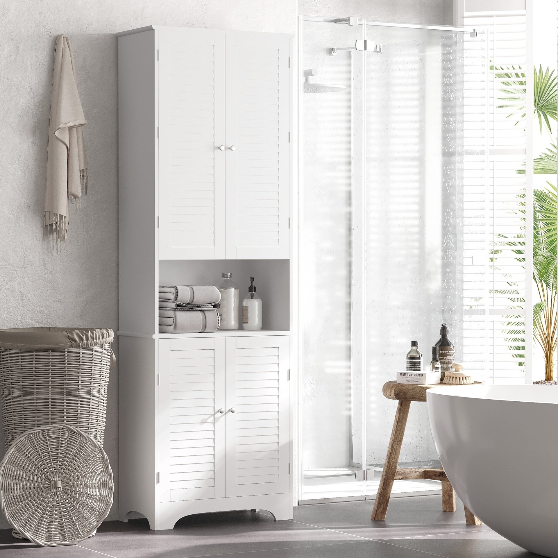 HOMCOM Tall Narrow Bathroom Storage Cabinet with Doors and Shelf Adjustability, Freestanding Linen Cabinet with 2 Cabinets and Countertop, White