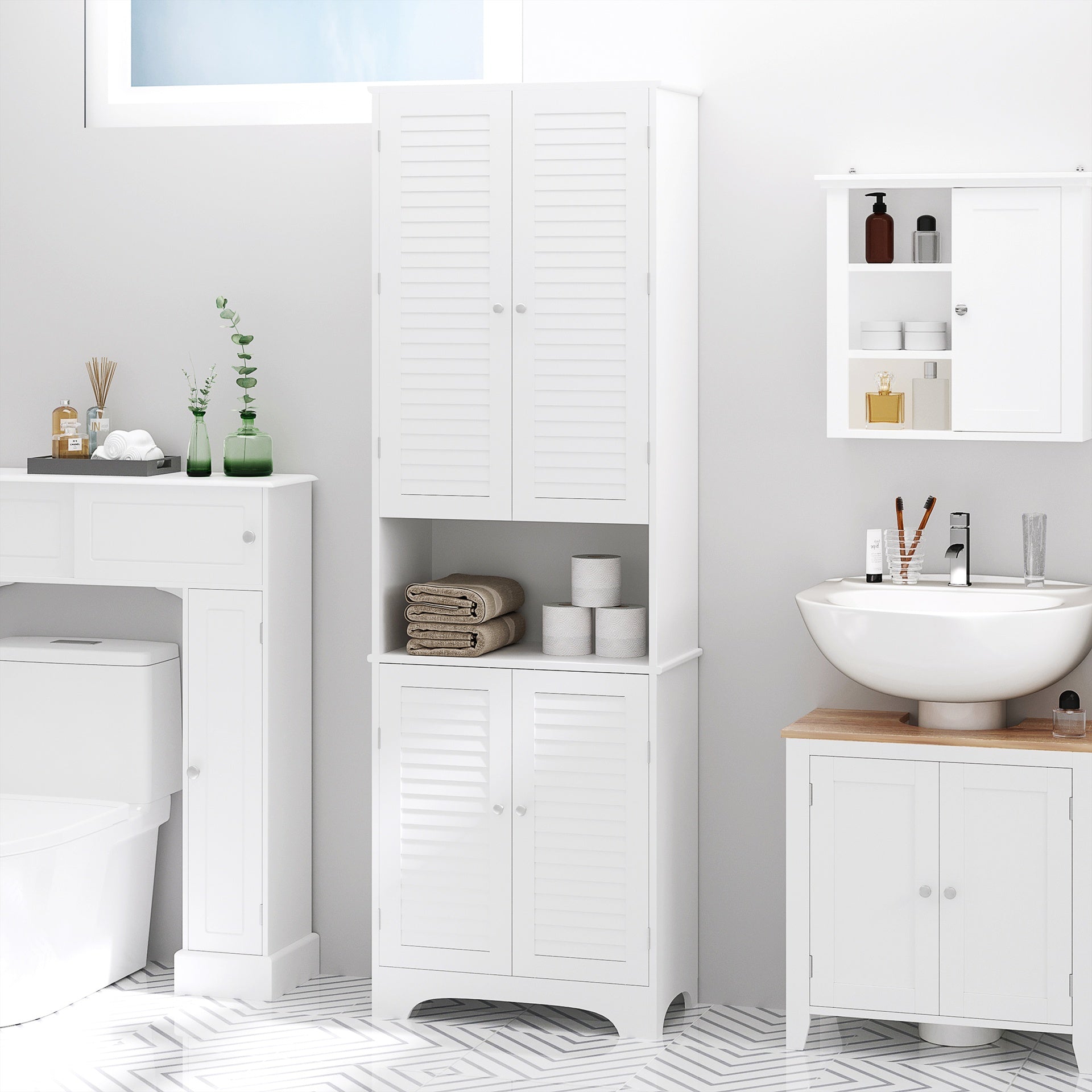 HOMCOM Tall Narrow Bathroom Storage Cabinet with Doors and Shelf Adjustability, Freestanding Linen Cabinet with 2 Cabinets and Countertop, White