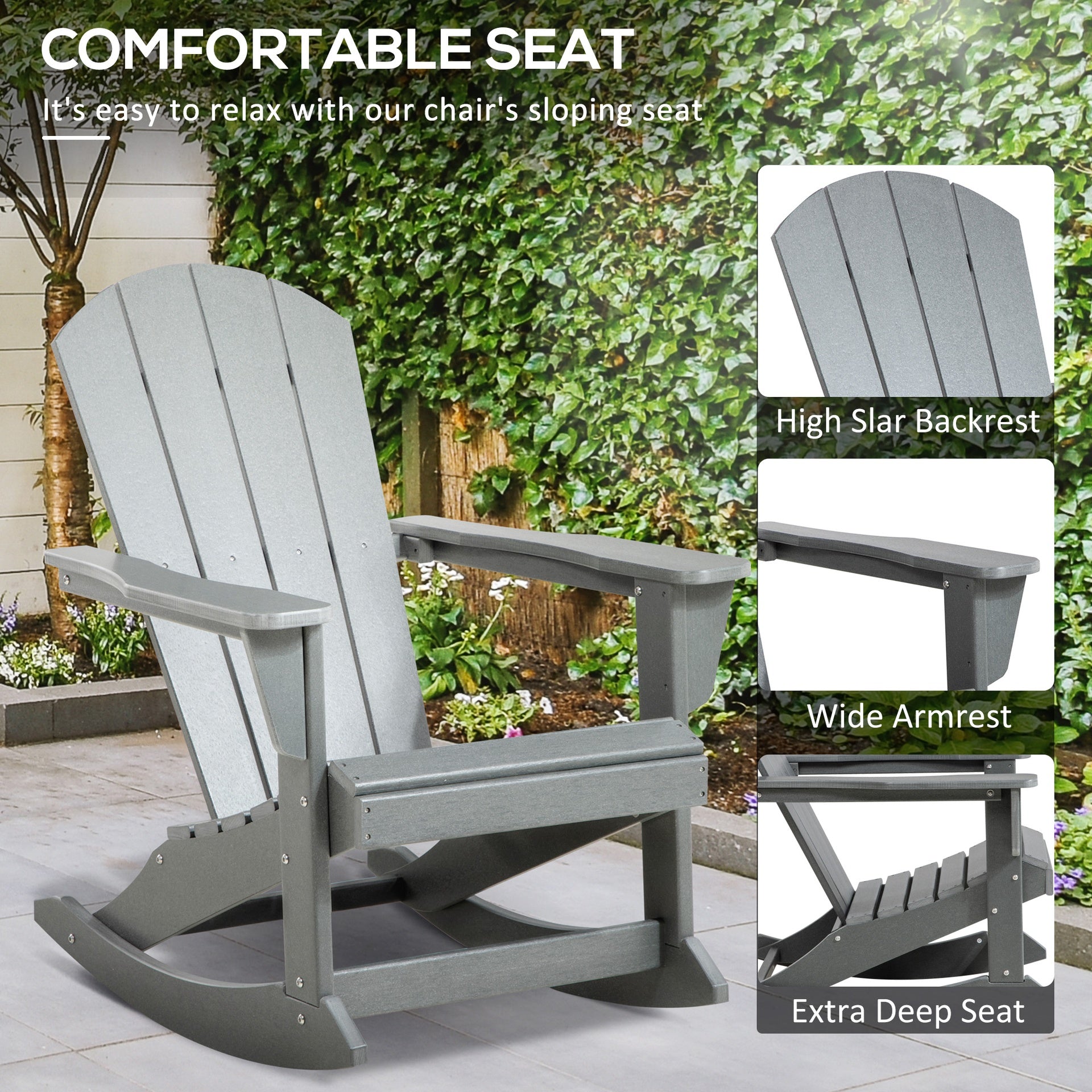 Outsunny Outdoor Rocking Chair, HDPE Adirondack Porch Rocker Chair for Garden, Patio, Light Gray
