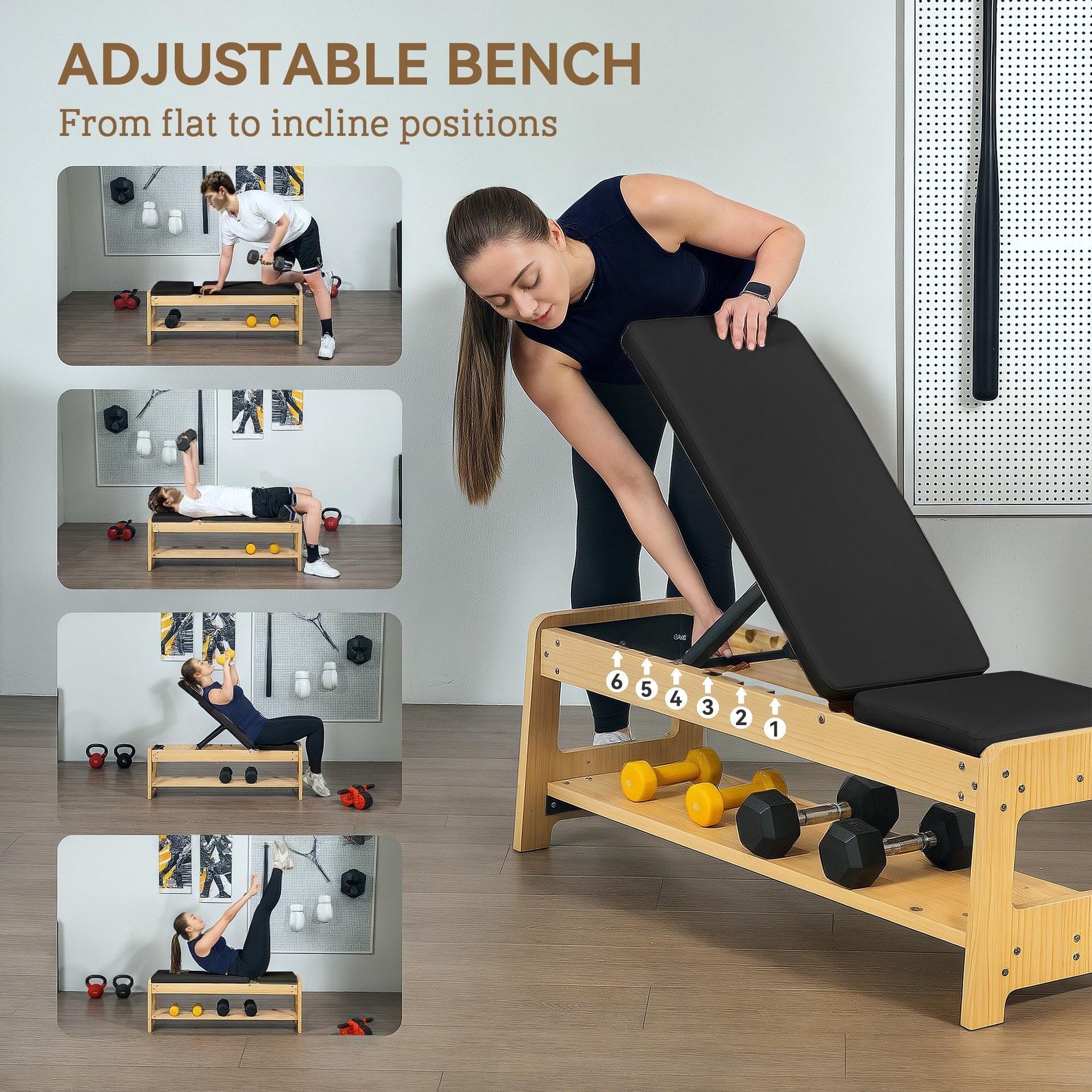 Soozier Wooden Adjustable Weight Bench with Dumbbell Rack, Flat or Incline Workout Bench for Home Gym Weight Lifting, Black