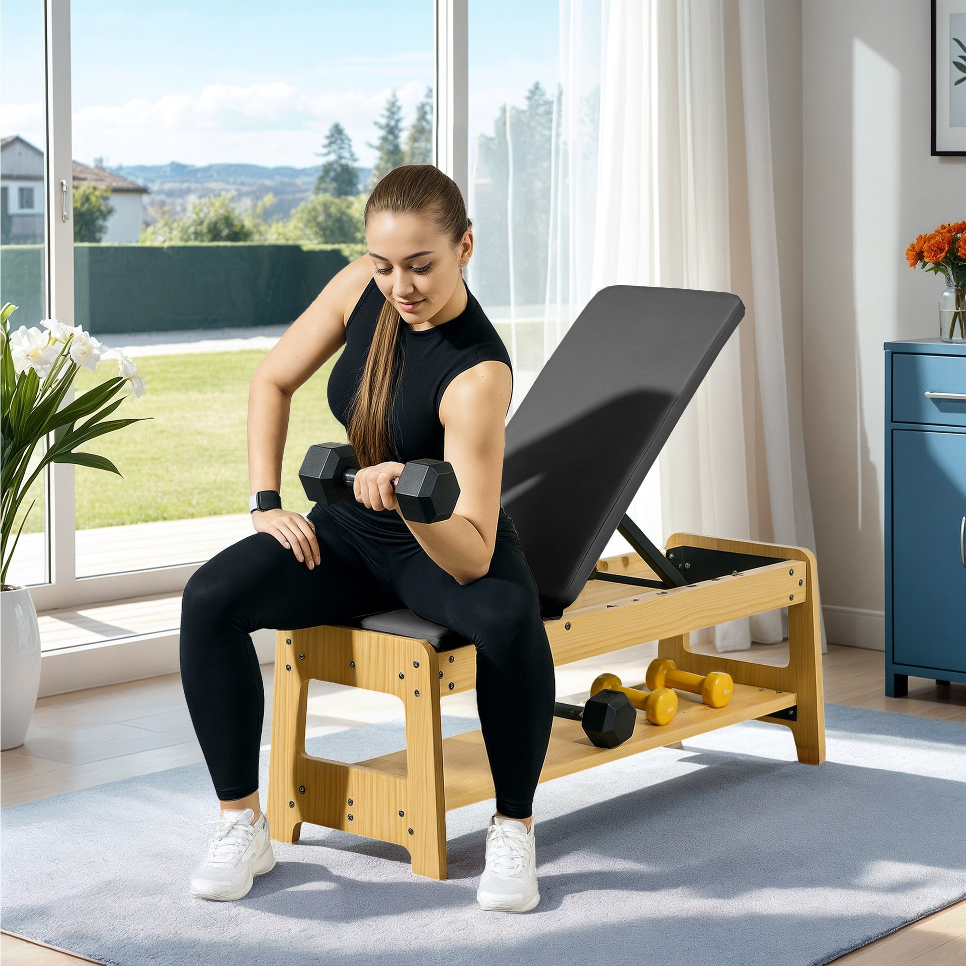 Soozier Wooden Adjustable Weight Bench with Dumbbell Rack, Flat or Incline Workout Bench for Home Gym Weight Lifting, Black