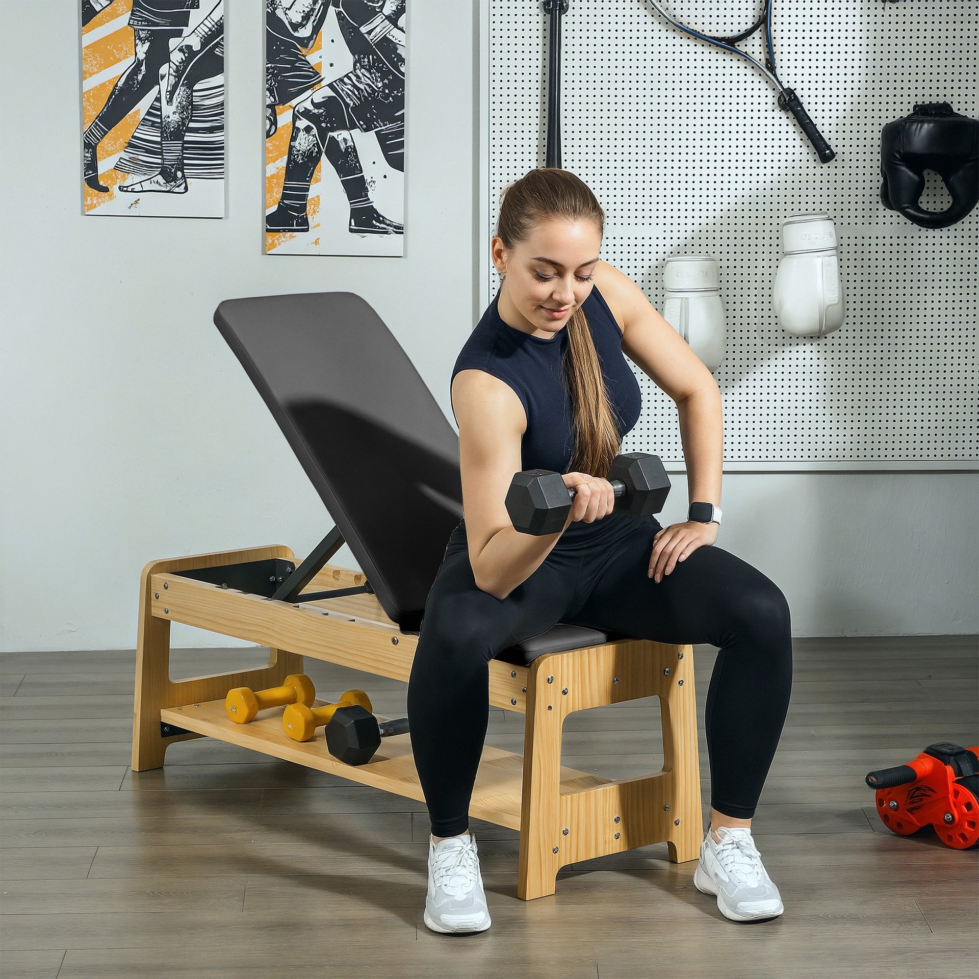 Soozier Wooden Adjustable Weight Bench with Dumbbell Rack, Flat or Incline Workout Bench for Home Gym Weight Lifting, Black