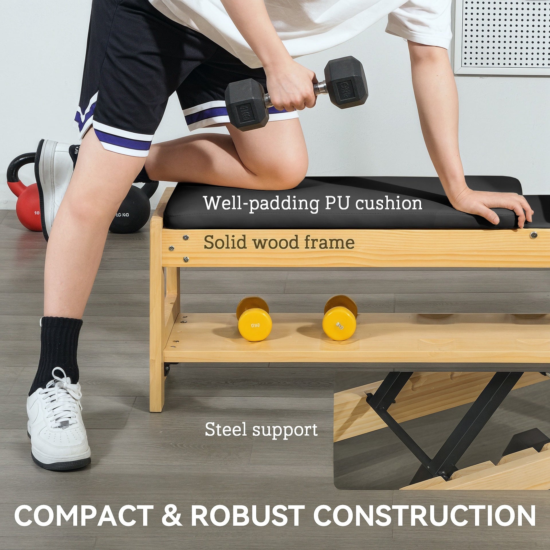 Soozier Wooden Adjustable Weight Bench with Dumbbell Rack, Flat or Incline Workout Bench for Home Gym Weight Lifting, Black