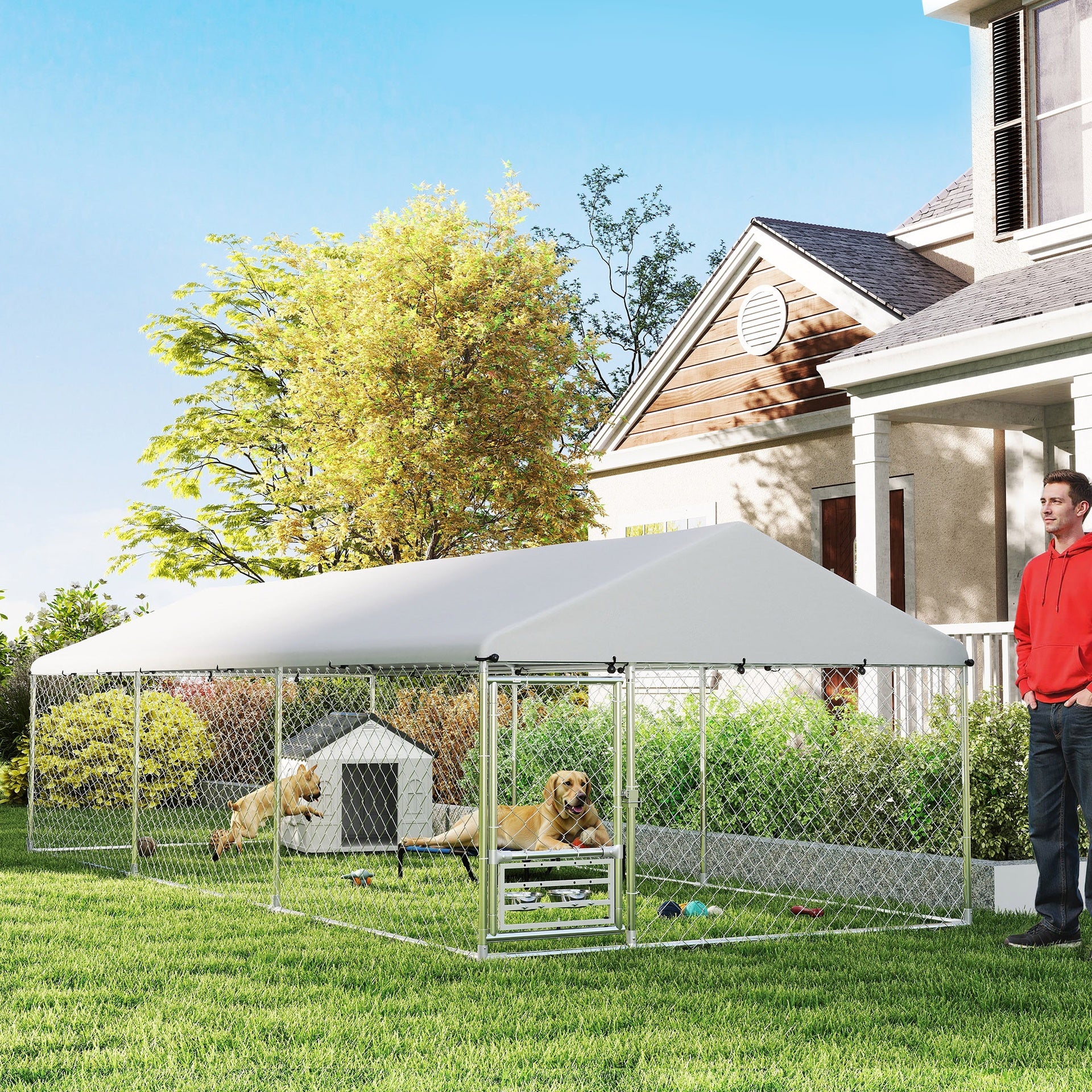 PawHut Outdoor Dog Kennel with Adjustable & Rotatable Bowl Rack, Waterproof Cover, Secure Lock, 19.7' x 7.5' x 5.2'
