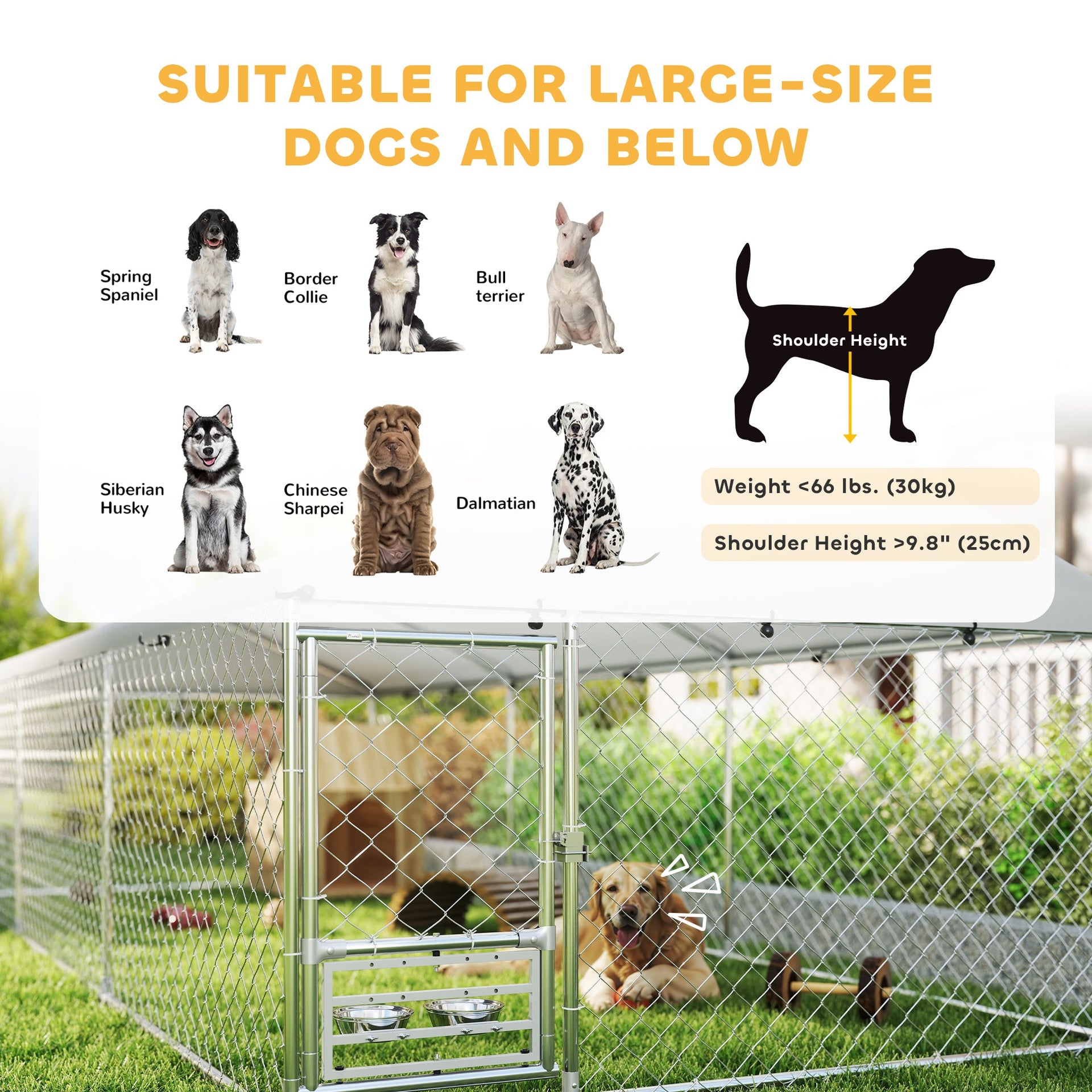 PawHut Outdoor Dog Kennel with Adjustable & Rotatable Bowl Rack, Waterproof Cover, Secure Lock, 19.7' x 7.5' x 5.2'