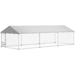 PawHut Outdoor Dog Kennel with Adjustable & Rotatable Bowl Rack, Waterproof Cover, Secure Lock, 19.7' x 7.5' x 5.2'