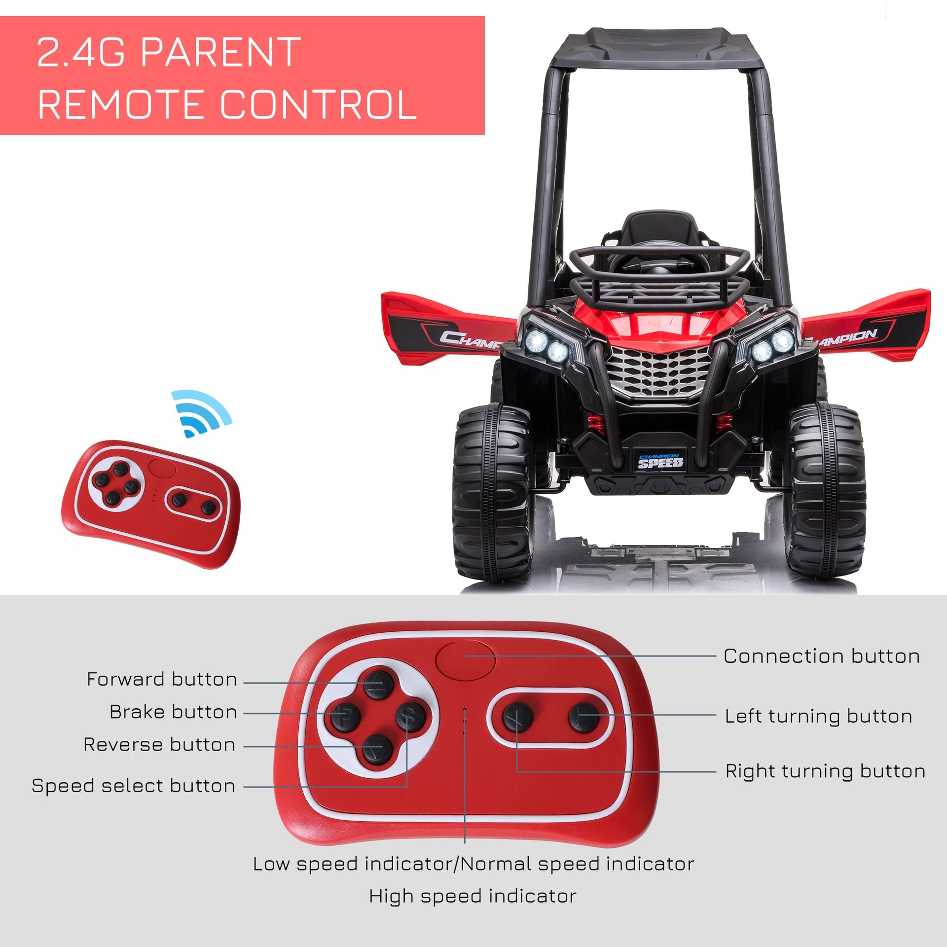 Aosom 12V Kids UTV with Music, Lights, MP3/USB, Suspension System, Remote Control, Red