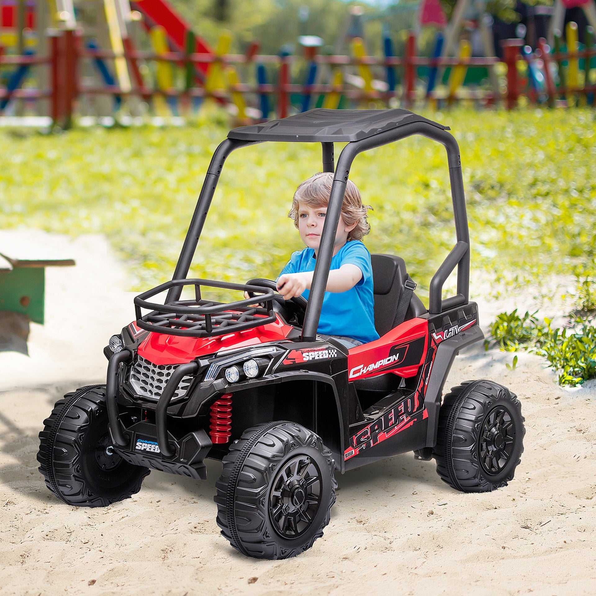Aosom 12V Kids UTV with Music, Lights, MP3/USB, Suspension System, Remote Control, Red