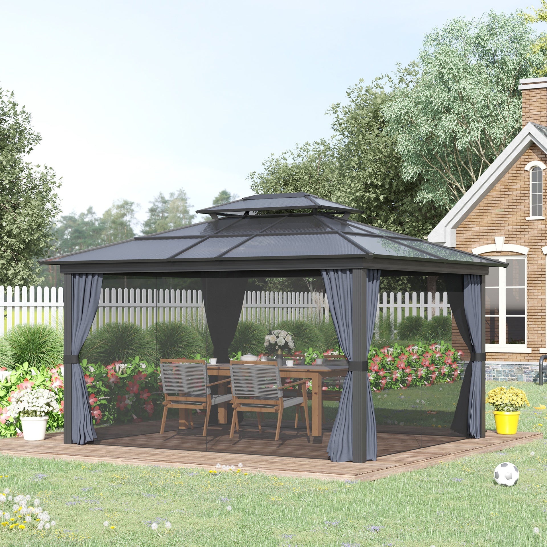 Outsunny 10' x 12' Hardtop Gazebo Canopy with Polycarbonate Roof, Aluminum Frame, Permanent Pavilion Outdoor Gazebo with Netting, for Patio, Garden, Backyard, Deck, Lawn, Black