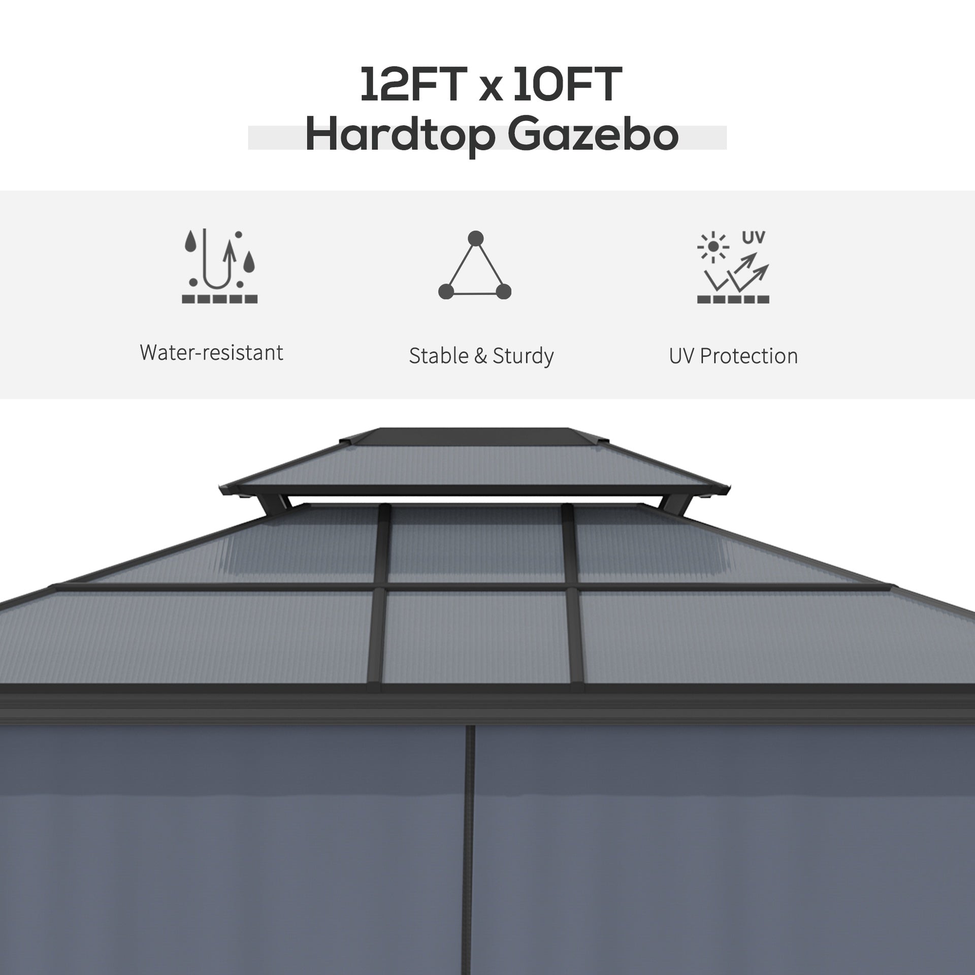 Outsunny 10' x 12' Hardtop Gazebo Canopy with Polycarbonate Roof, Aluminum Frame, Permanent Pavilion Outdoor Gazebo with Netting, for Patio, Garden, Backyard, Deck, Lawn, Black