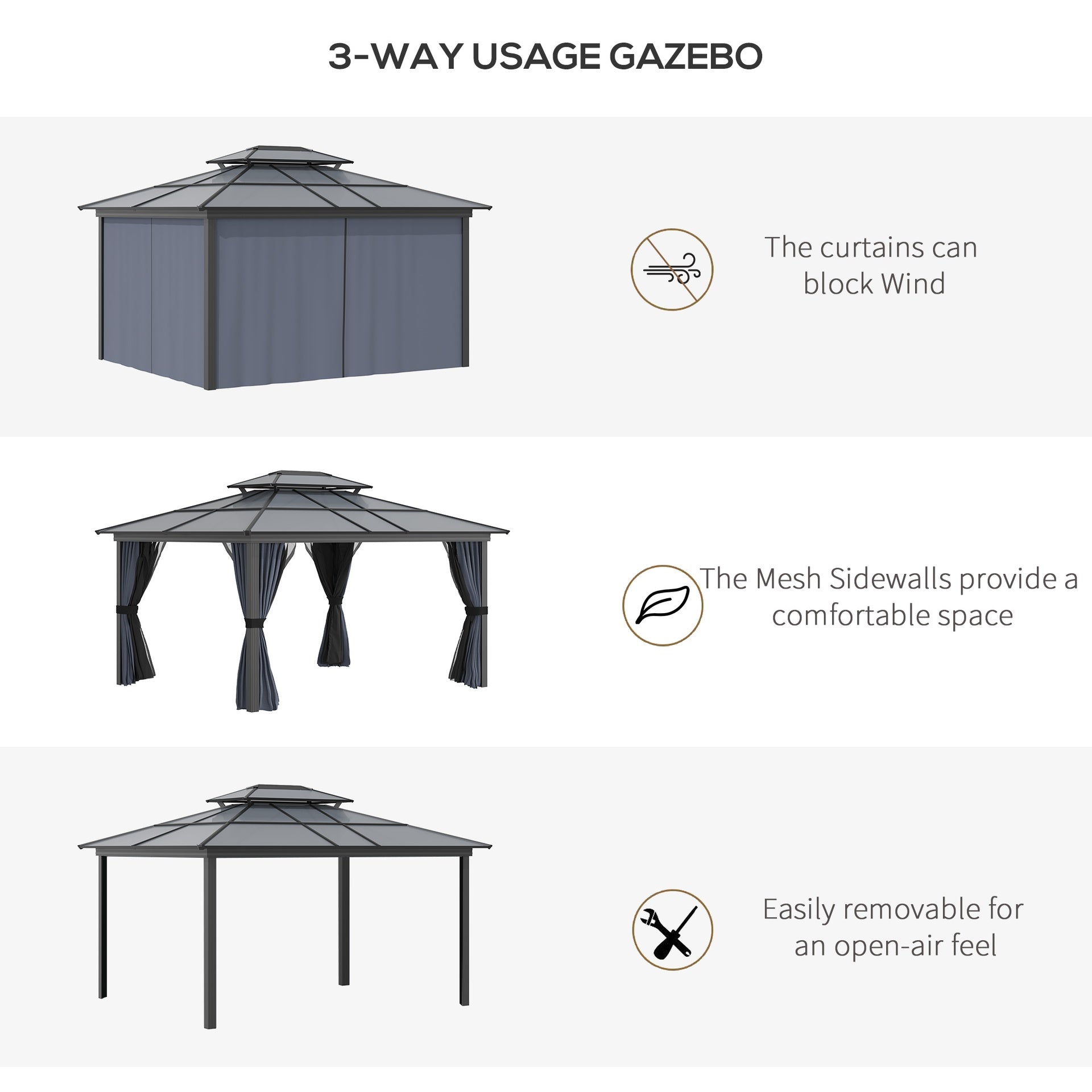 Outsunny 10' x 12' Hardtop Gazebo Canopy with Polycarbonate Roof, Aluminum Frame, Permanent Pavilion Outdoor Gazebo with Netting, for Patio, Garden, Backyard, Deck, Lawn, Black
