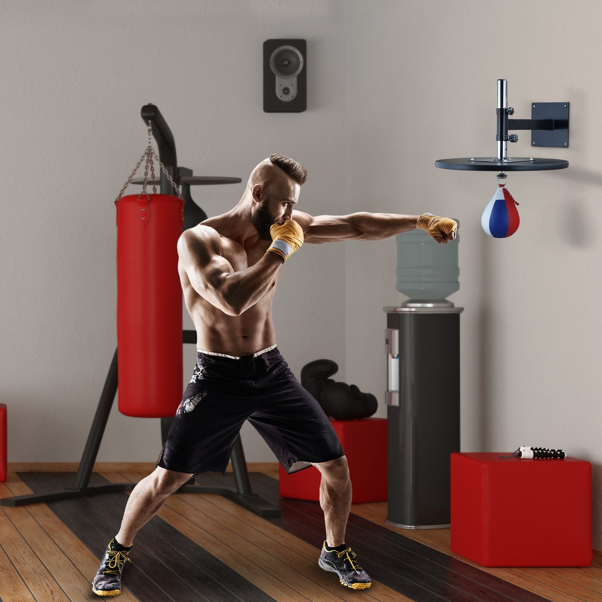 Soozier Speed Bag Boxing Punching Bag Wall Mount Height Adjustable, MMA, Martial Arts, and Boxing Equipment for Training at Home, Heavy-Duty Steel Platform, Strong PVC Leather, 9" H x 7" Dia.
