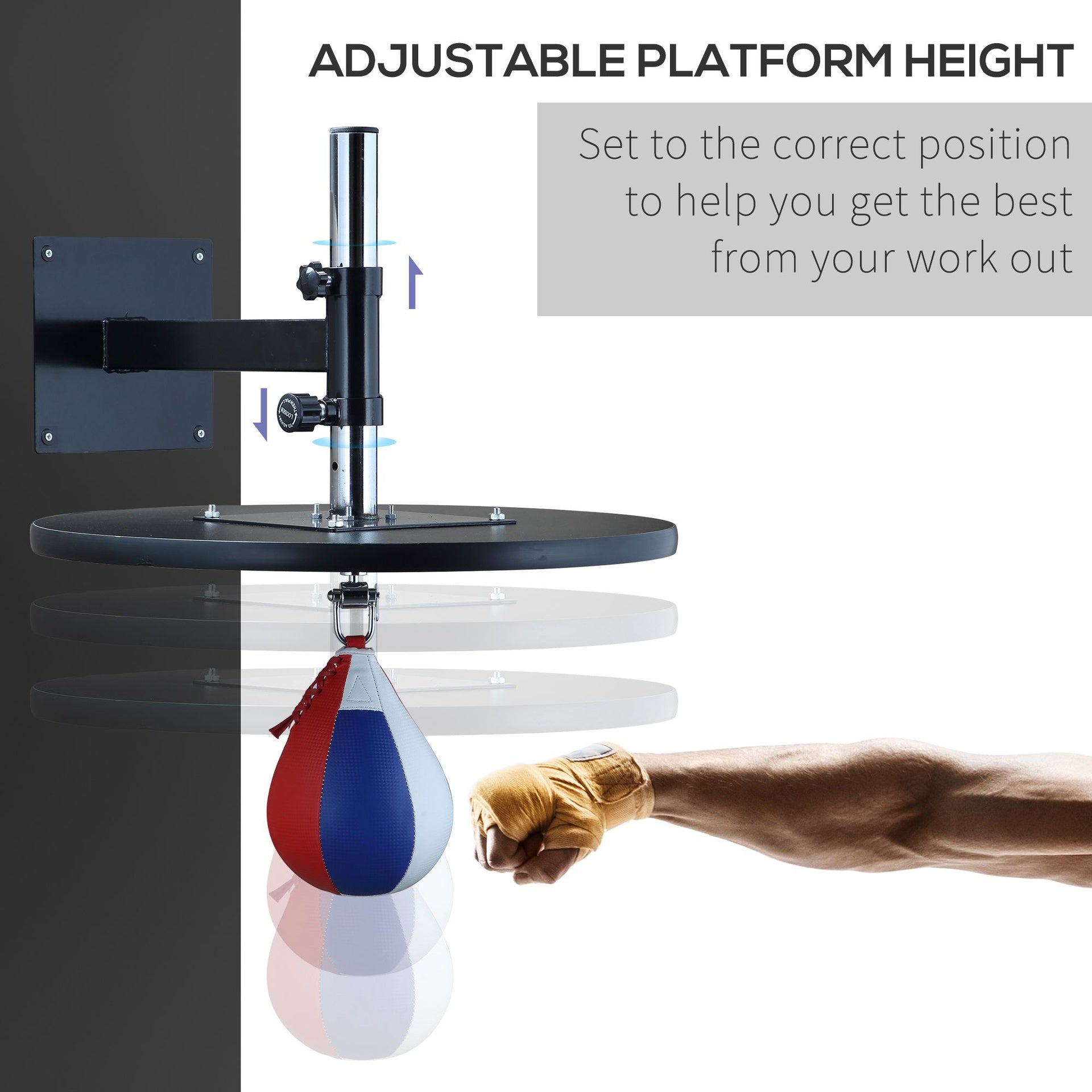 Soozier Speed Bag Boxing Punching Bag Wall Mount Height Adjustable, MMA, Martial Arts, and Boxing Equipment for Training at Home, Heavy-Duty Steel Platform, Strong PVC Leather, 9" H x 7" Dia.