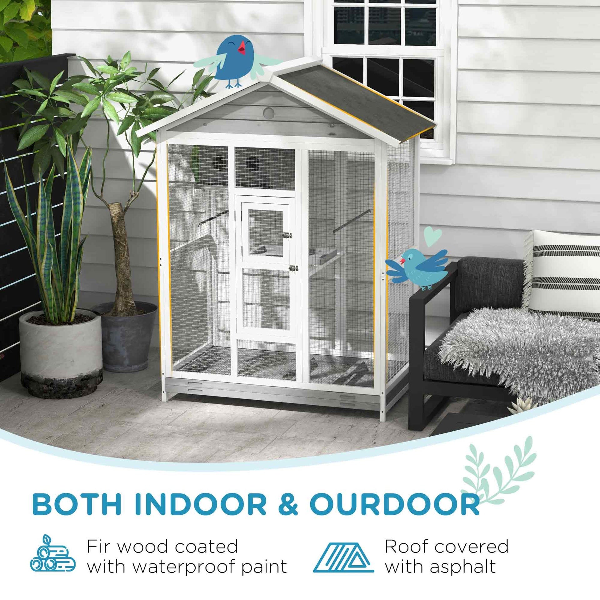 PawHut 64.5" Wooden Bird Cage Aviary, Flight Cage with 4 Perches, Nest and Slide-Out Tray for Indoor/Outdoor, Gray