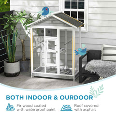 PawHut 64.5" Wooden Bird Cage Aviary, Flight Cage with 4 Perches, Nest and Slide-Out Tray for Indoor/Outdoor, Gray