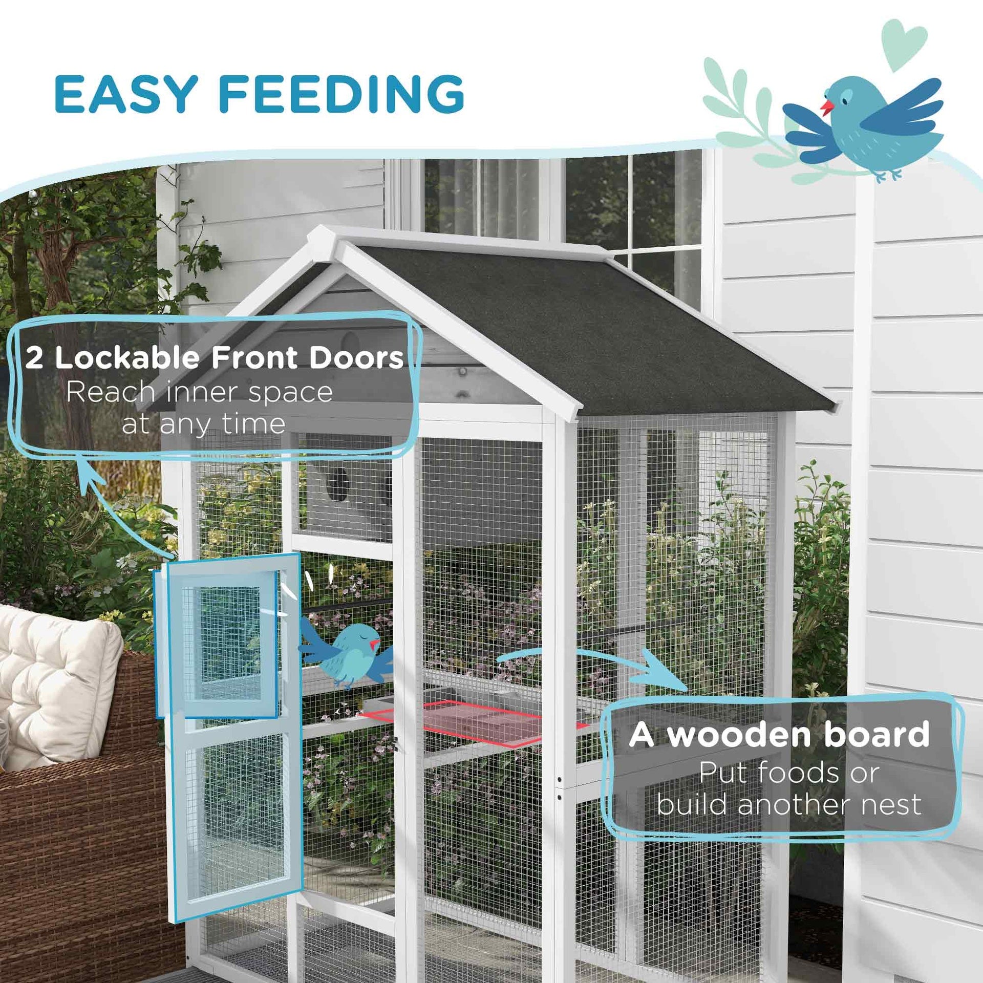 PawHut 64.5" Wooden Bird Cage Aviary, Flight Cage with 4 Perches, Nest and Slide-Out Tray for Indoor/Outdoor, Gray