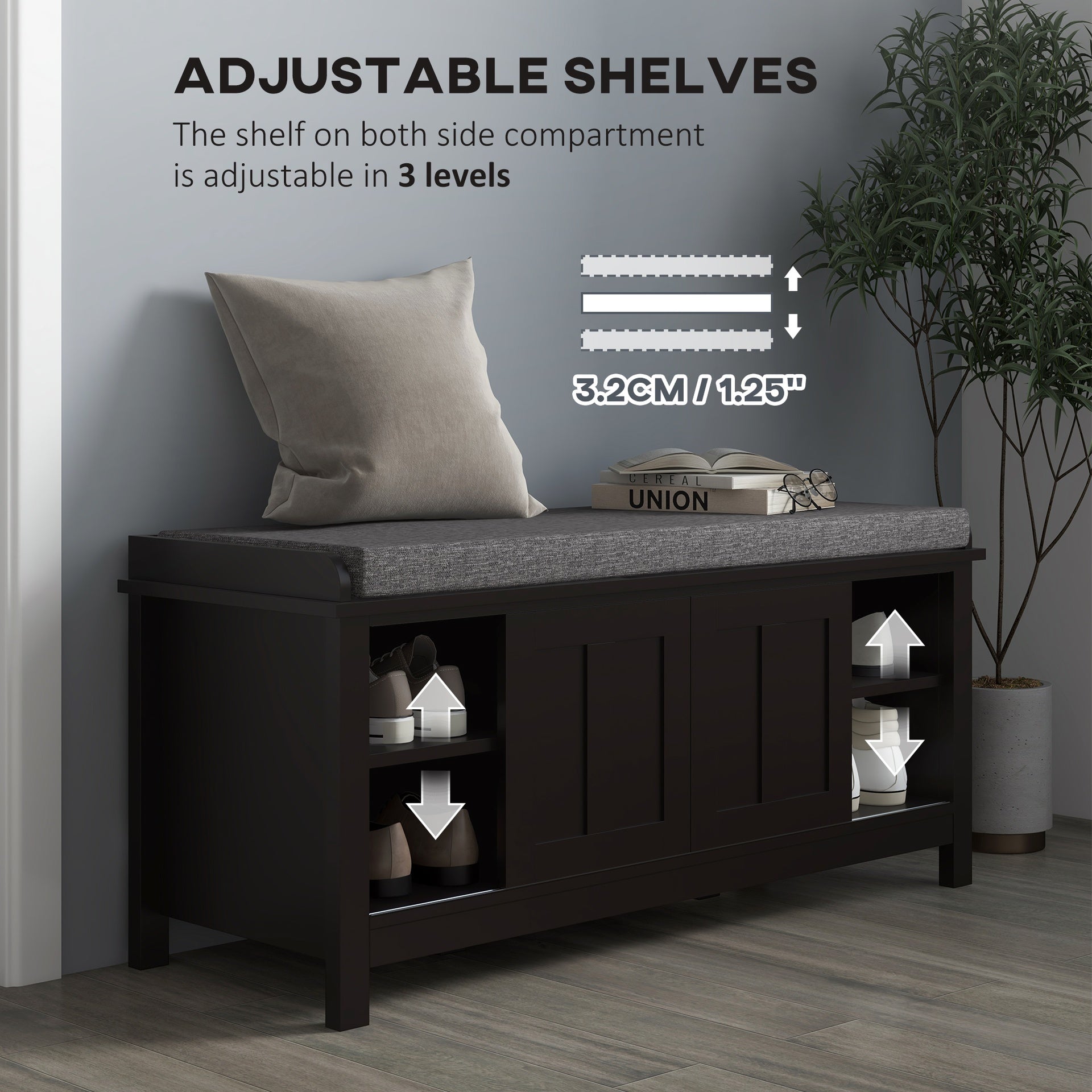 HOMCOM Modern Shoe Storage Bench, Entry Way Bench with Cushion, 2 Sliding Doors, Storage Ottoman Bench, Holds 10 Pairs, Black