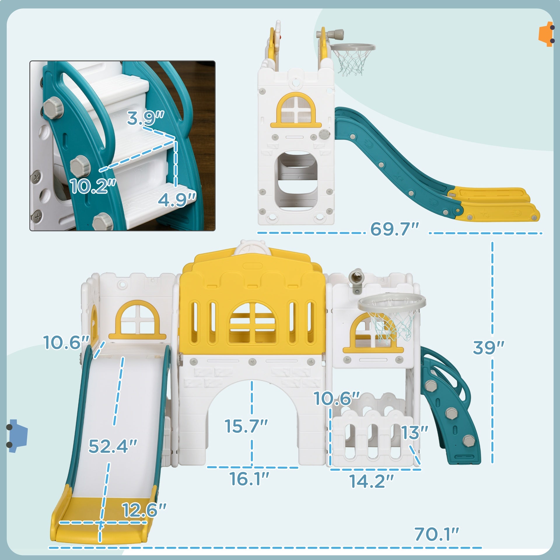 Qaba 9 in 1 Toddler Slide for Kids Age 1-3 Years with Basketball Hoop, Climber, Telescope, Tunnel, Steering Wheel, Aisle