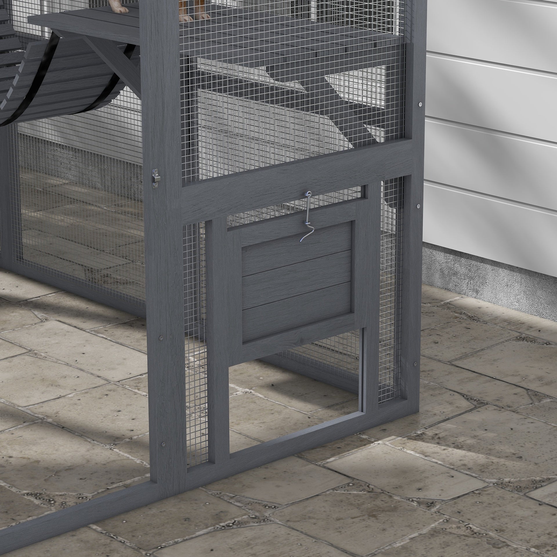 PawHut Wooden Catio Outdoor Cat Enclosure with Waterproof Cover, 2 Condos, 6 Platforms, Bridge, Doors, Gray