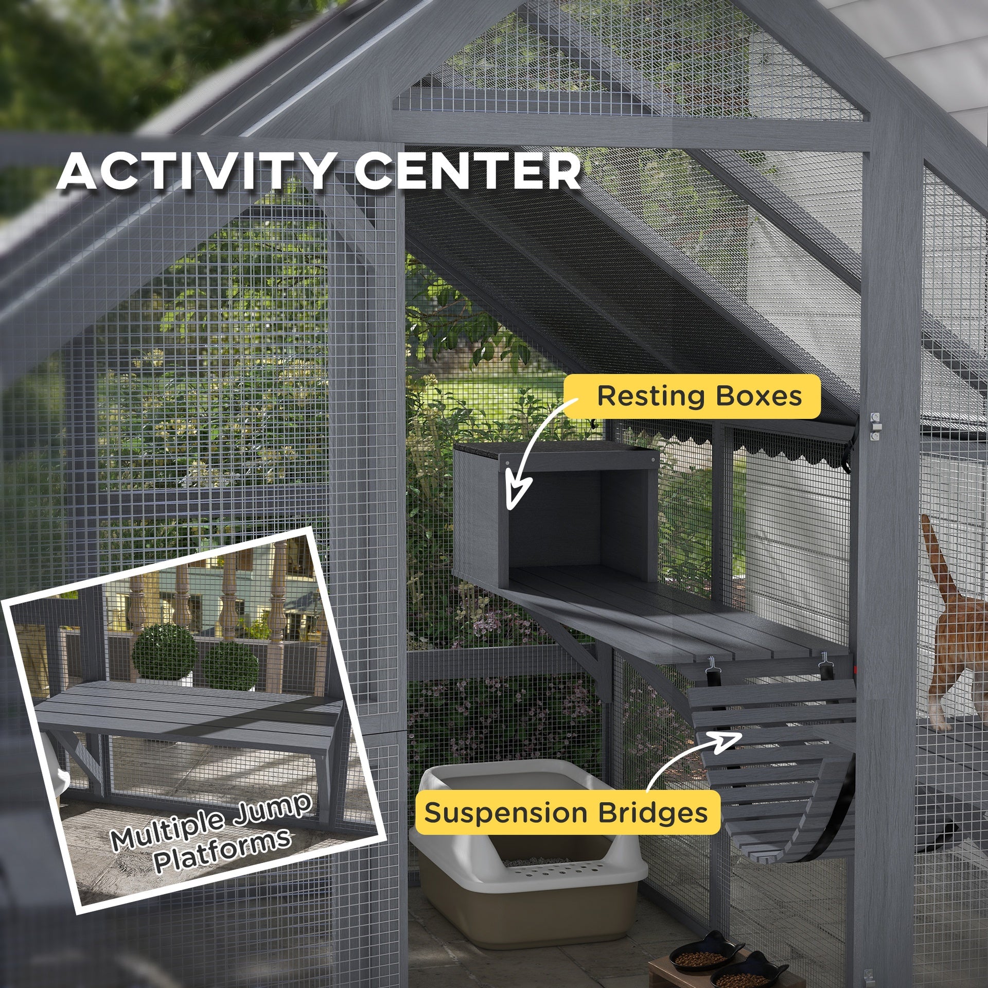 PawHut Wooden Catio Outdoor Cat Enclosure with Waterproof Cover, 2 Condos, 6 Platforms, Bridge, Doors, Gray