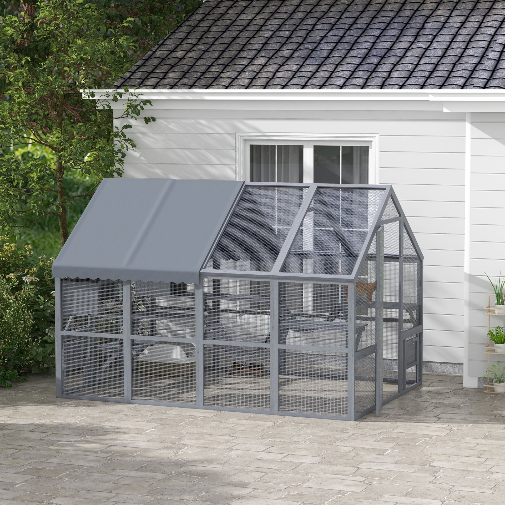 PawHut Wooden Catio Outdoor Cat Enclosure with Waterproof Cover, 2 Condos, 6 Platforms, Bridge, Doors, Gray