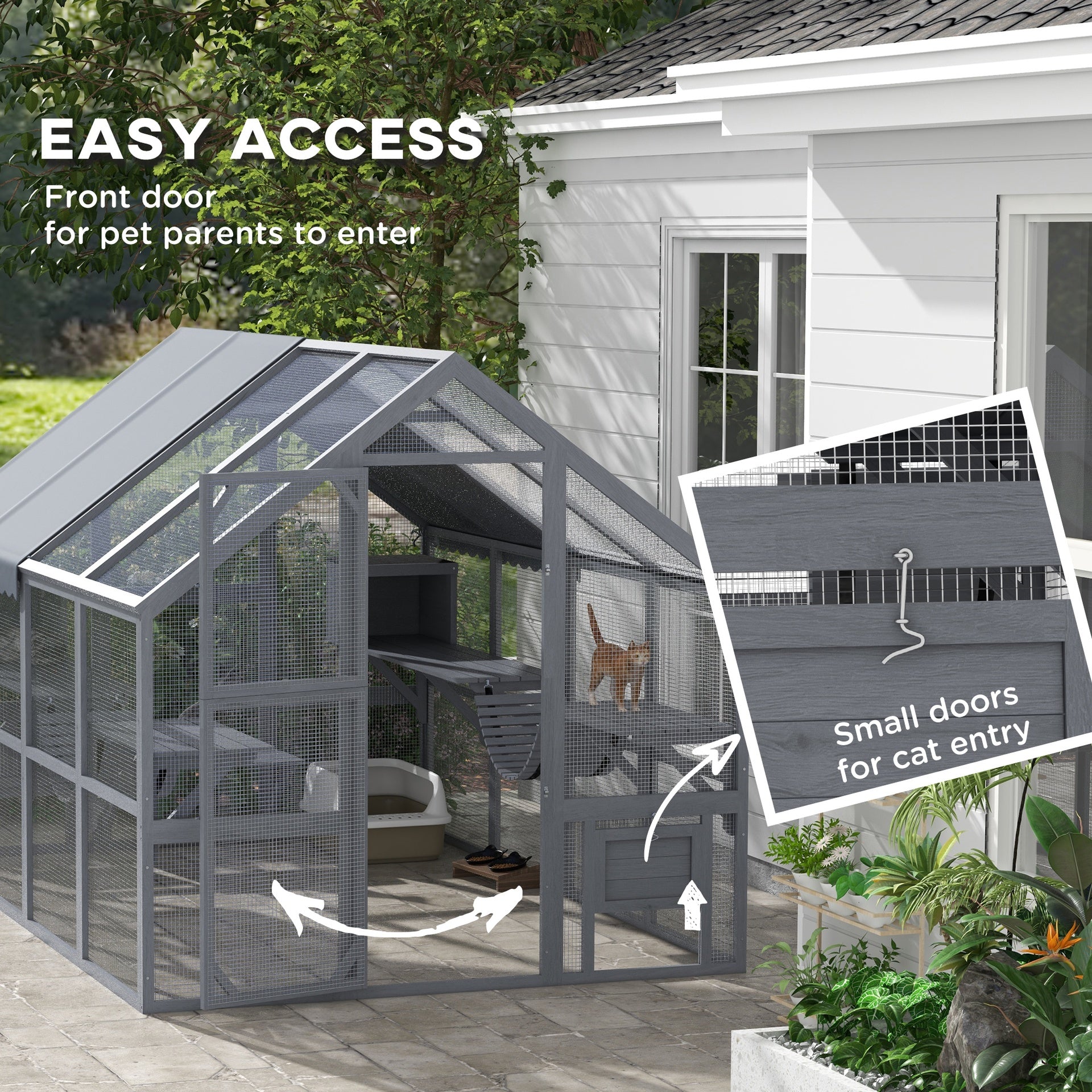 PawHut Wooden Catio Outdoor Cat Enclosure with Waterproof Cover, 2 Condos, 6 Platforms, Bridge, Doors, Gray