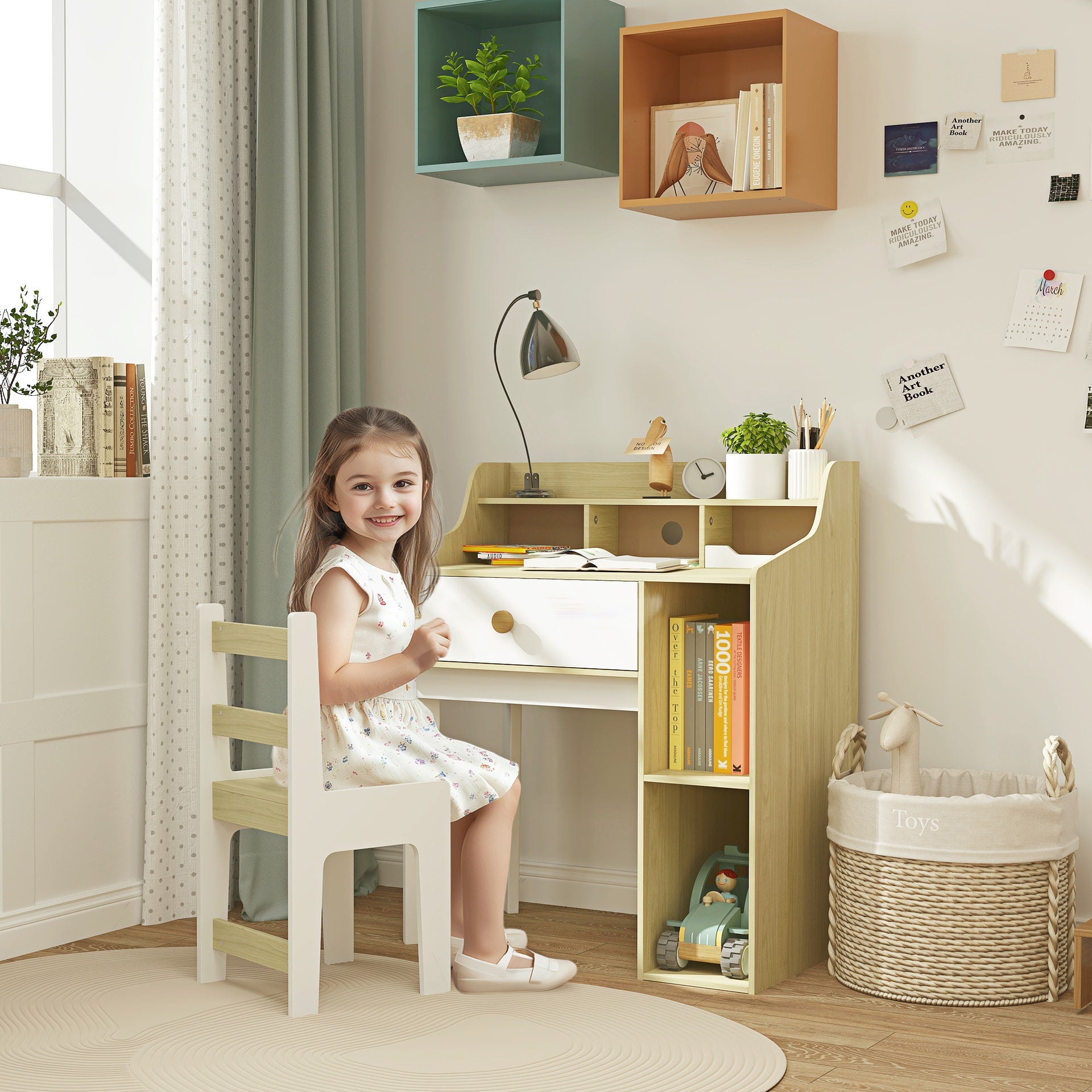 Qaba Kids Desk and Chair Set with Storage Shelves, Drawer for 3-10 Years, White