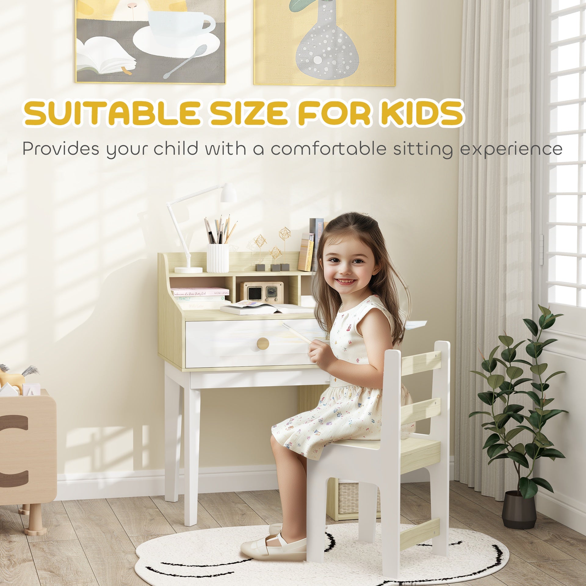 Qaba Kids Desk and Chair Set with Storage Shelves, Drawer for 3-10 Years, White