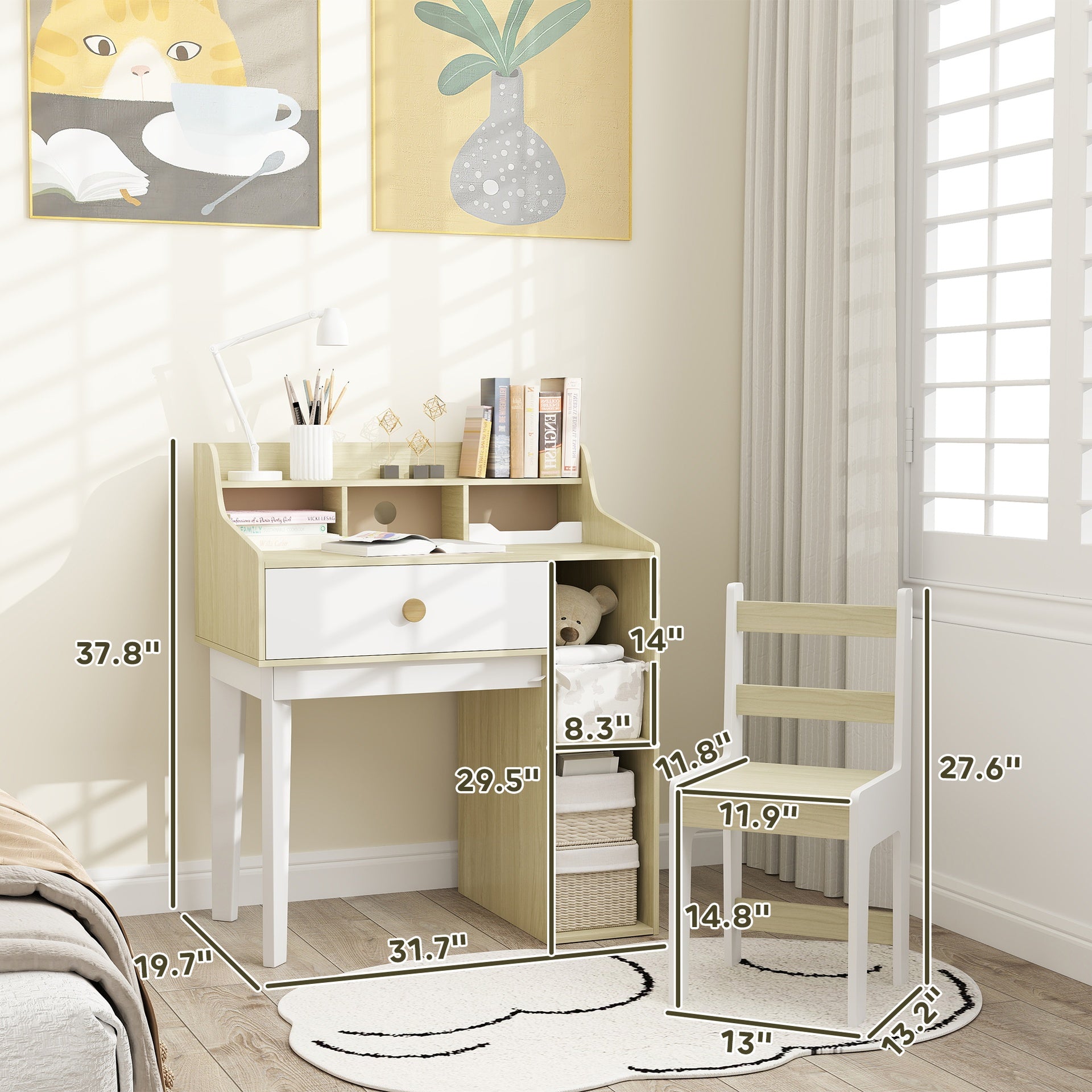 Qaba Kids Desk and Chair Set with Storage Shelves, Drawer for 3-10 Years, White