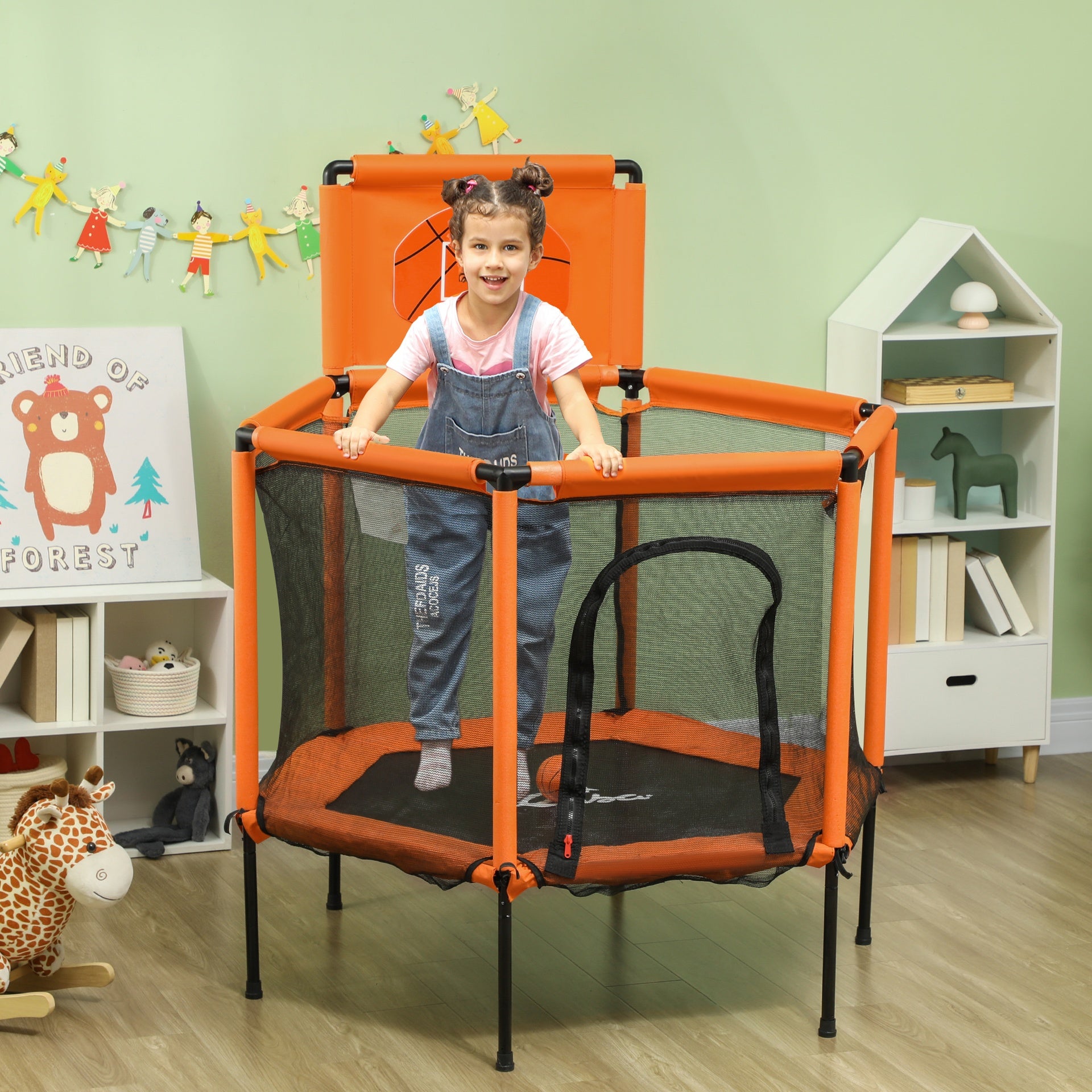 Qaba 48" Kids Trampoline  with Safety Enclosure Net, Basketball Hoop for Ages 3-6, Gifts for Boys & Girls, Orange