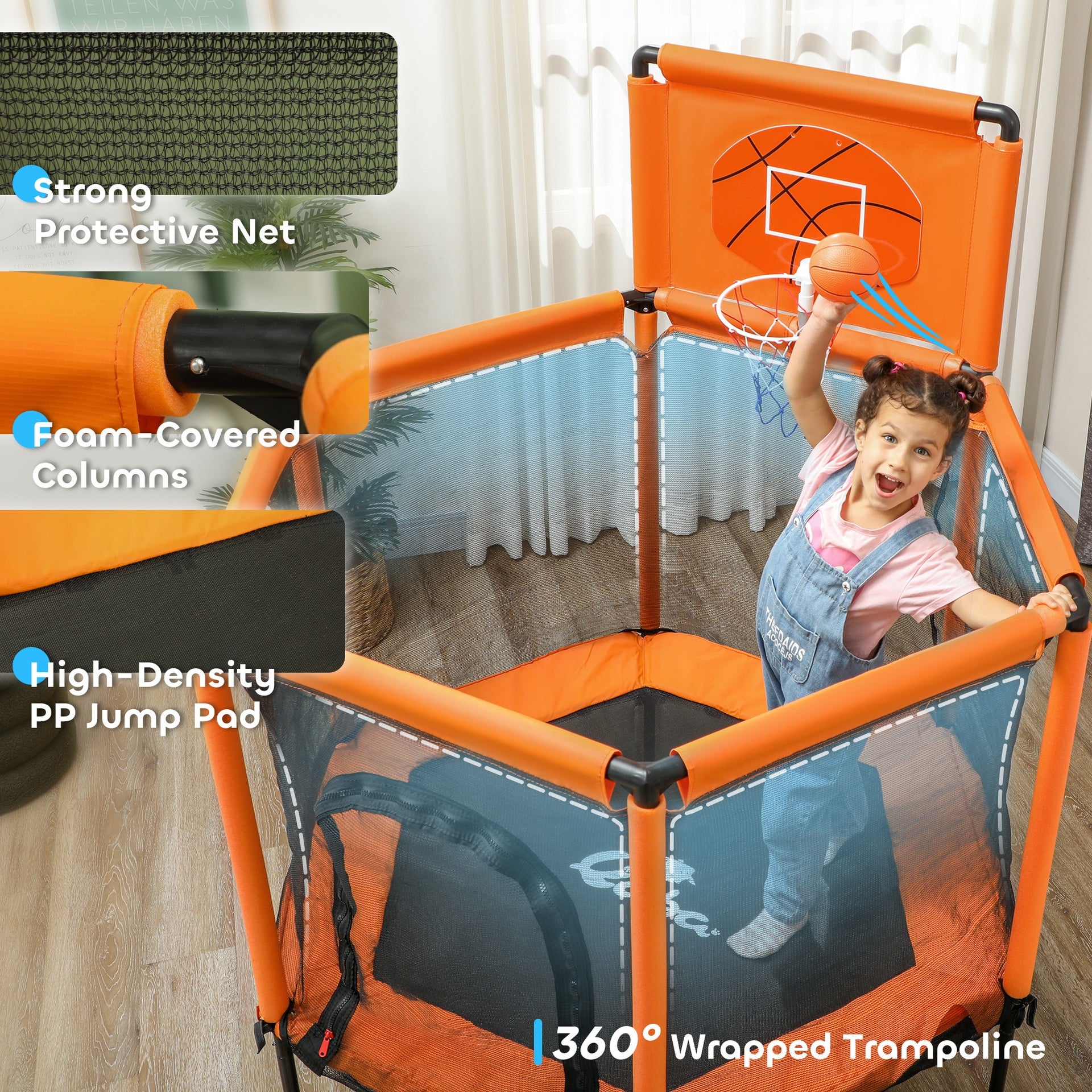 Qaba 48" Kids Trampoline  with Safety Enclosure Net, Basketball Hoop for Ages 3-6, Gifts for Boys & Girls, Orange