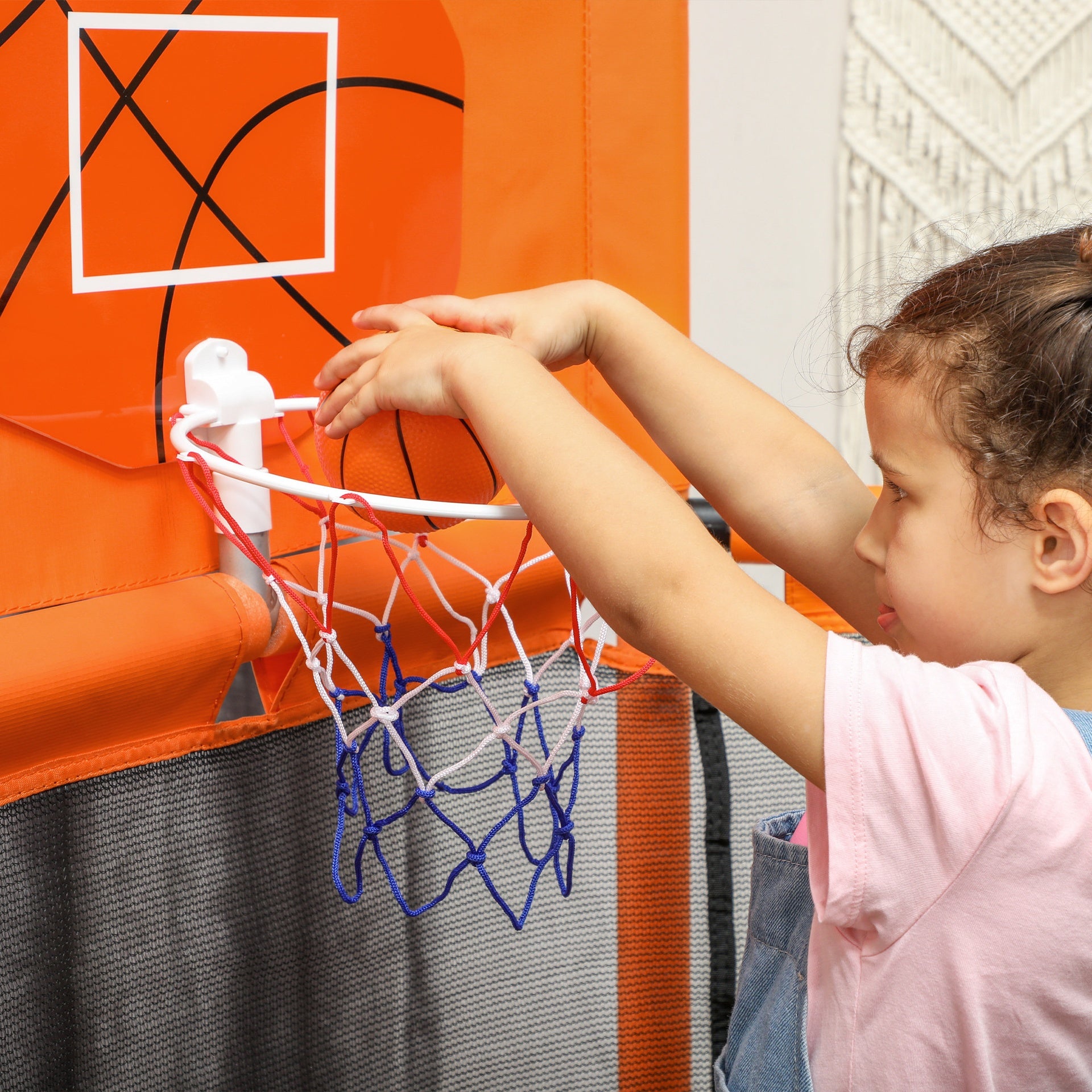Qaba 48" Kids Trampoline  with Safety Enclosure Net, Basketball Hoop for Ages 3-6, Gifts for Boys & Girls, Orange
