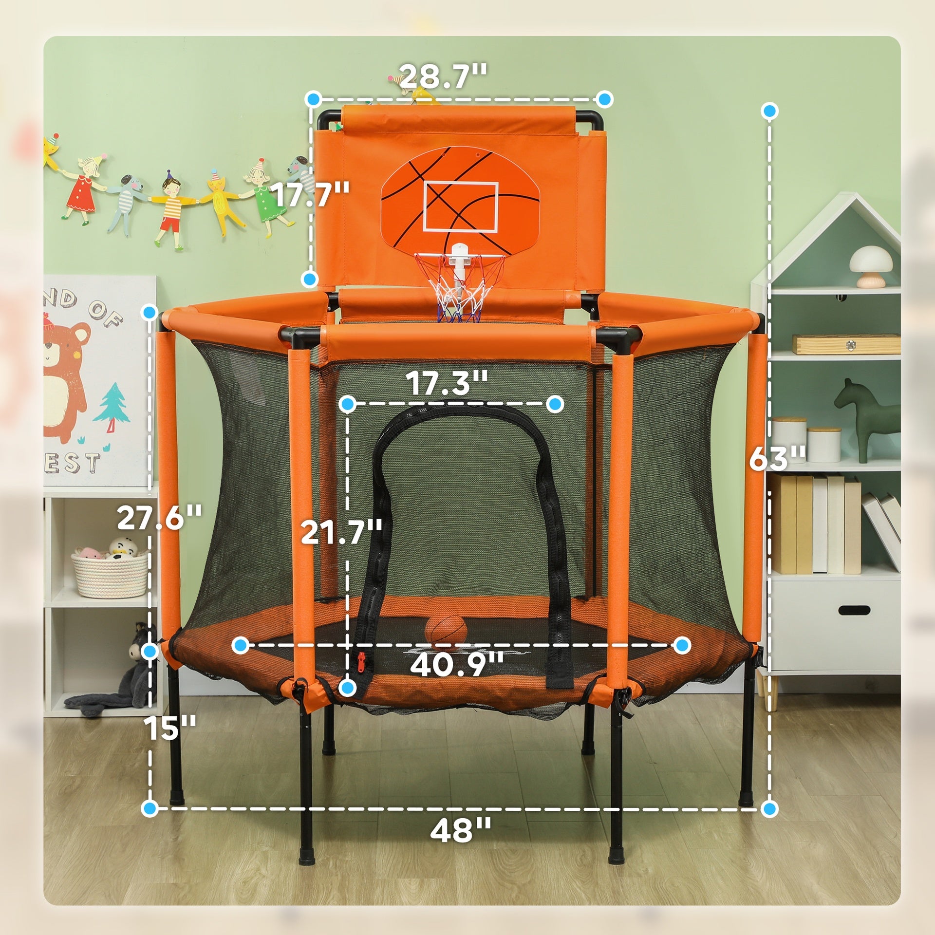 Qaba 48" Kids Trampoline  with Safety Enclosure Net, Basketball Hoop for Ages 3-6, Gifts for Boys & Girls, Orange