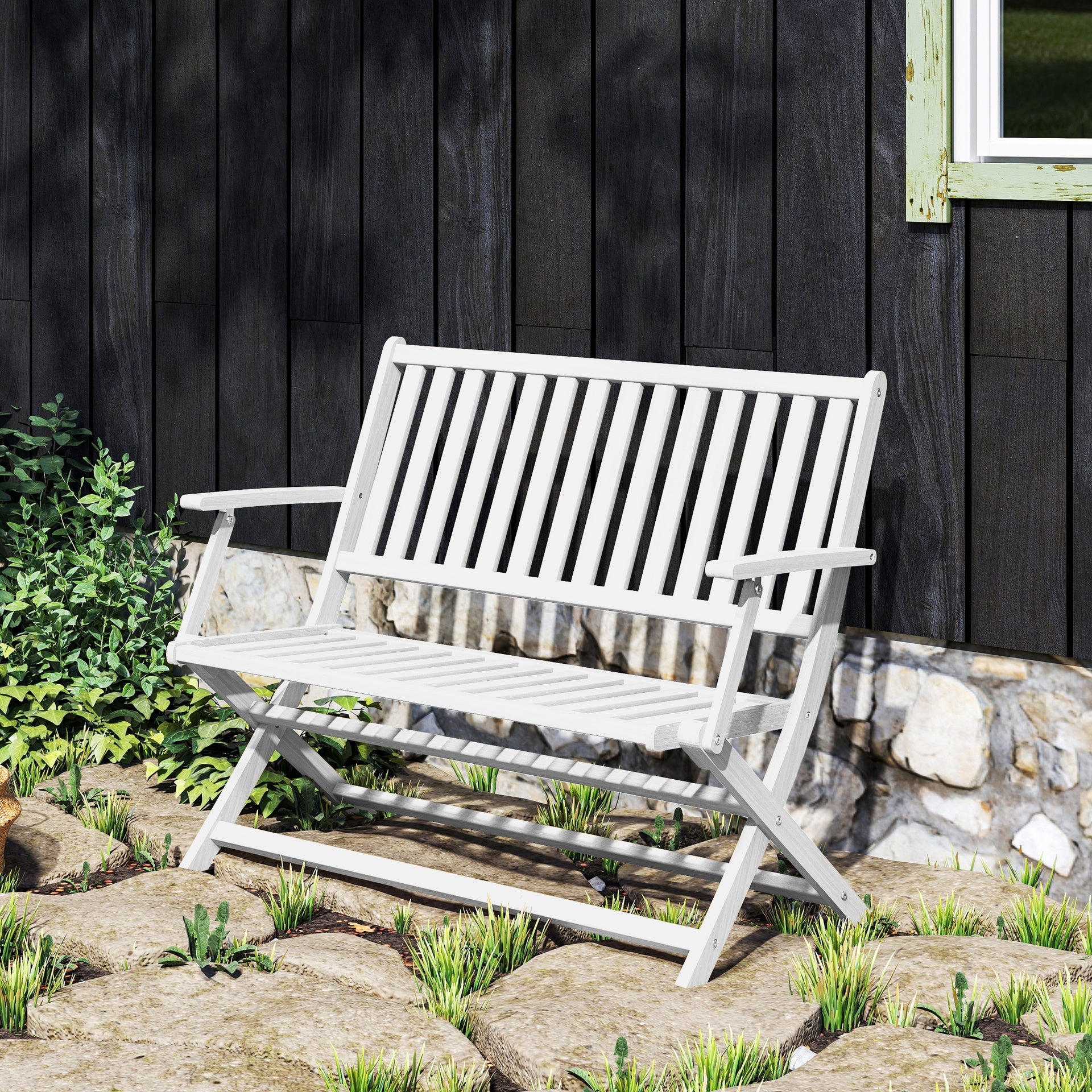Outsunny 2-Person Foldable Wood Outdoor Bench with Backrest and Armrests for Garden, Porch, Park, Balcony, White