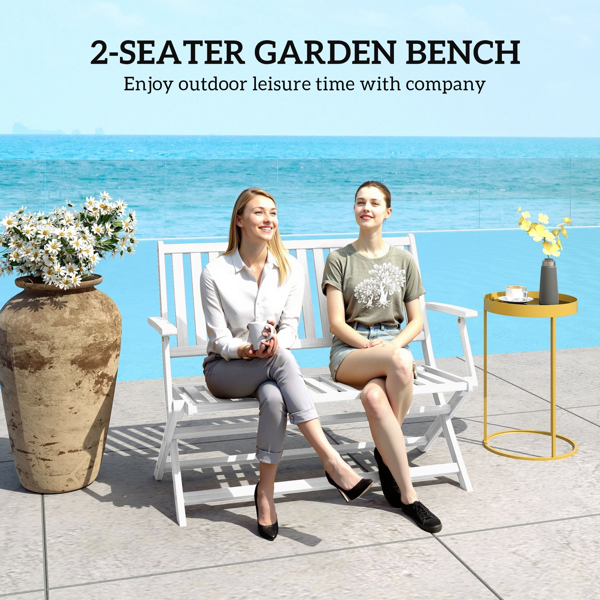 Outsunny 2-Person Foldable Wood Outdoor Bench with Backrest and Armrests for Garden, Porch, Park, Balcony, White