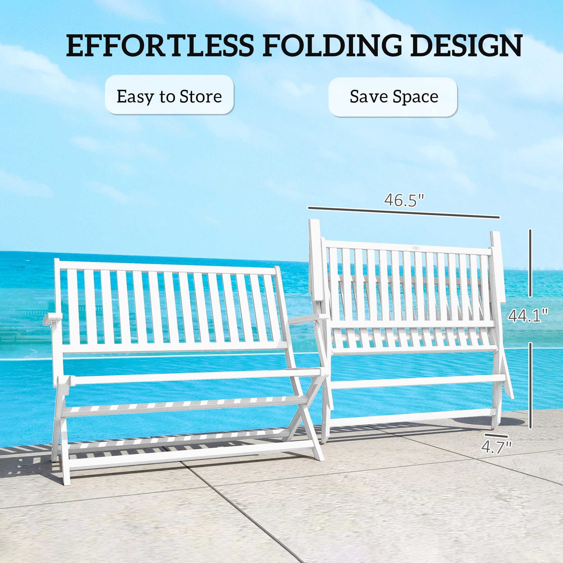 Outsunny 2-Person Foldable Wood Outdoor Bench with Backrest and Armrests for Garden, Porch, Park, Balcony, White