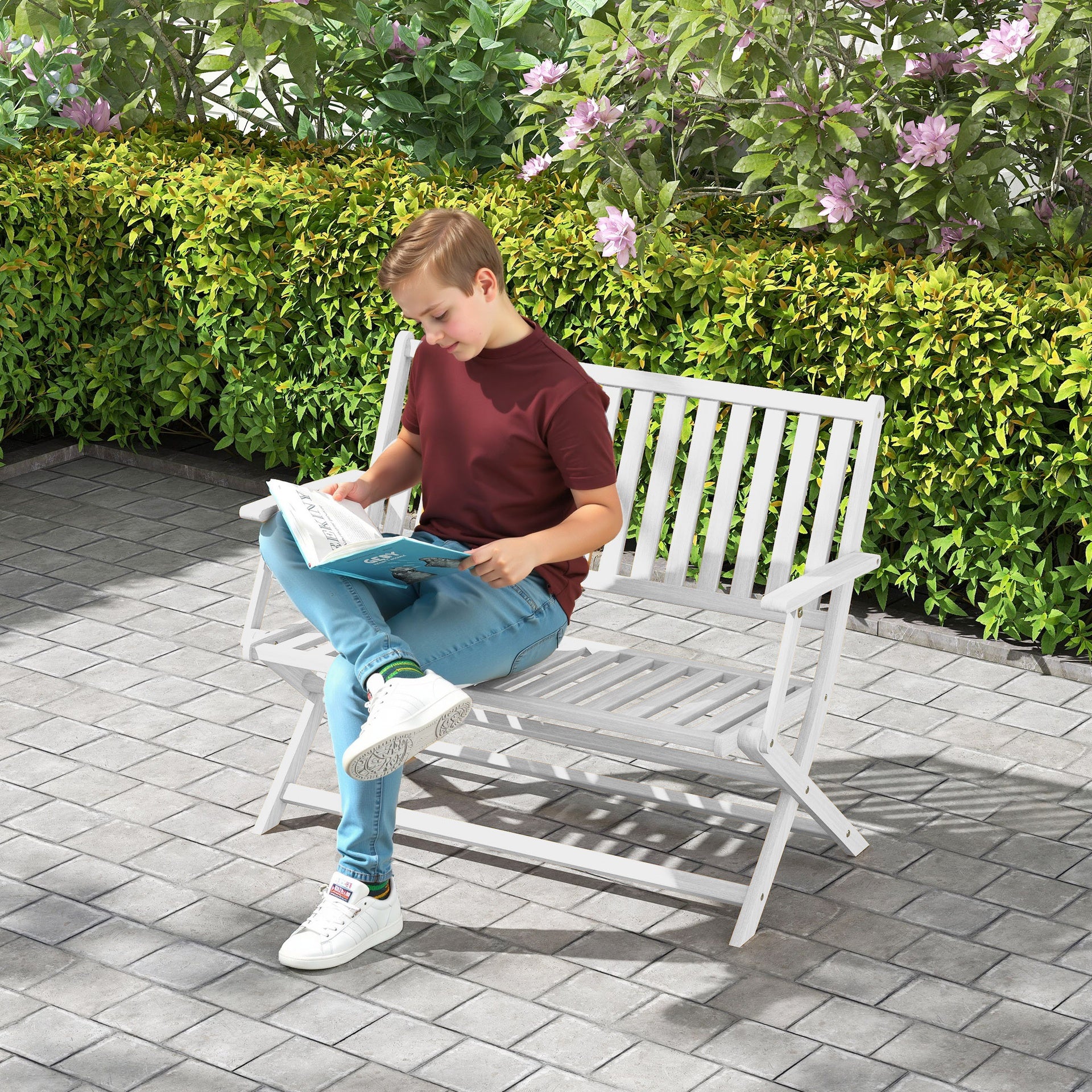 Outsunny 2-Person Foldable Wood Outdoor Bench with Backrest and Armrests for Garden, Porch, Park, Balcony, White