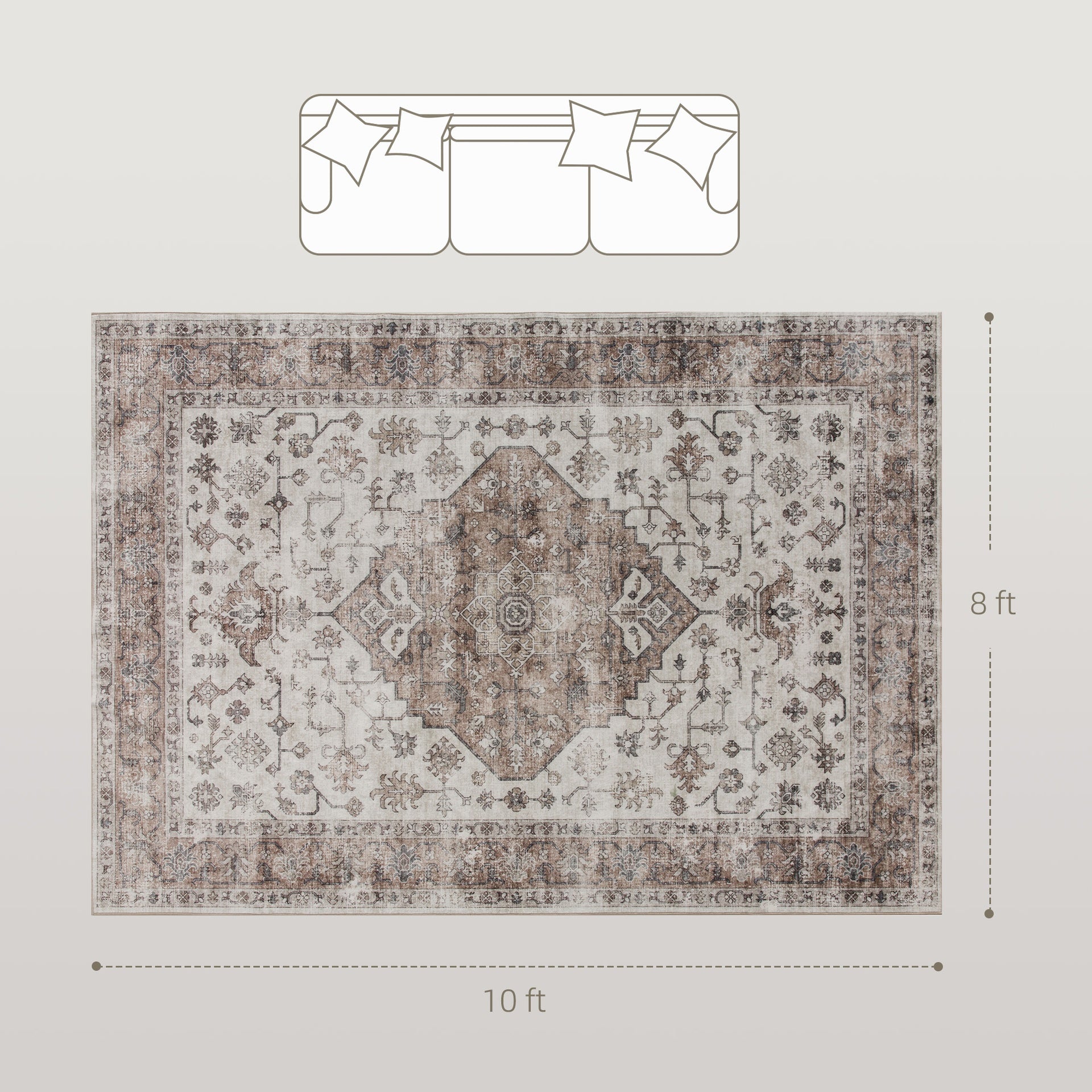 HOMCOM 8x10 Area Rug, Vintage Machine Washable Rug, Non-Slip Floor Carpet for Living Room, Bedroom, Dining Room, Tan
