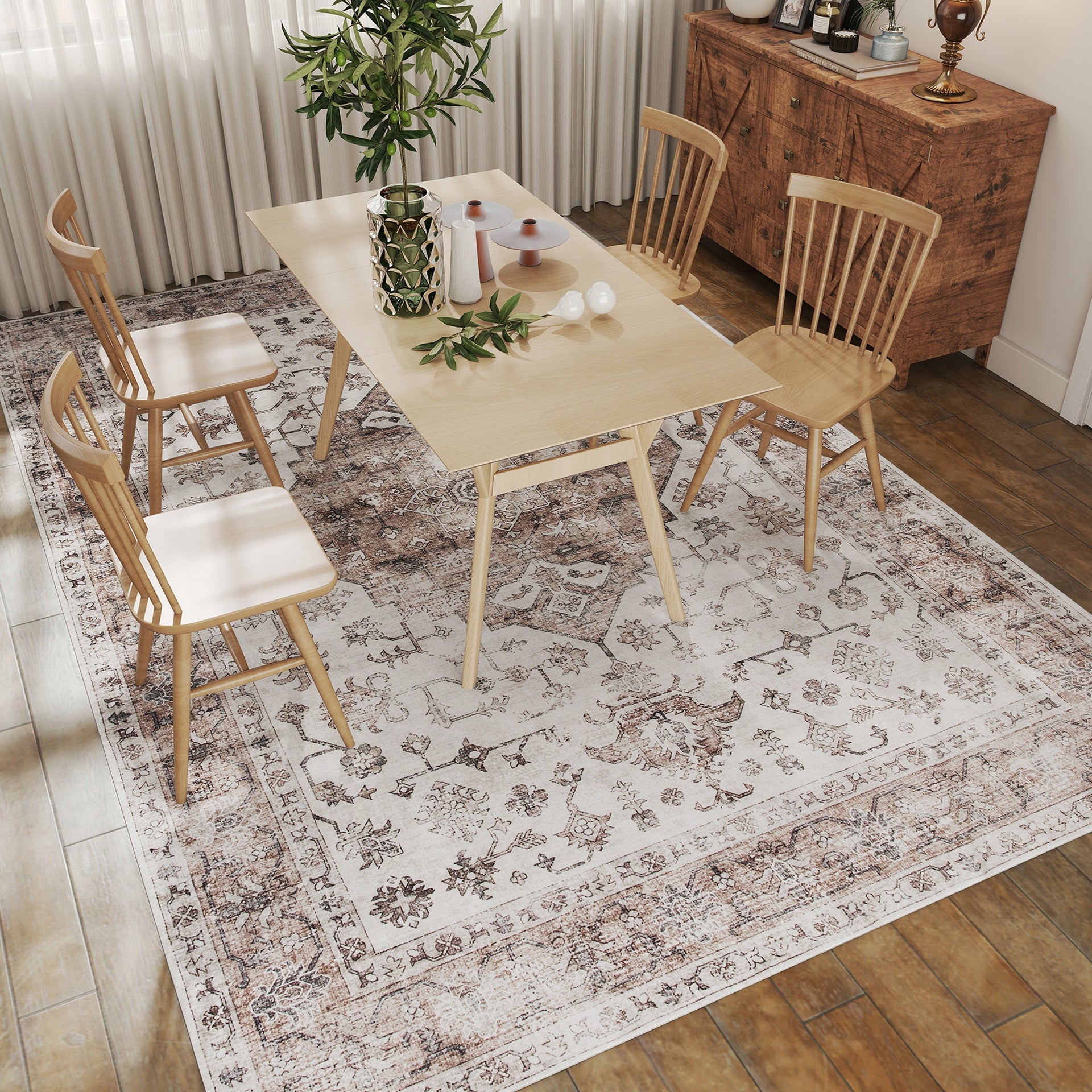 HOMCOM 8x10 Area Rug, Vintage Machine Washable Rug, Non-Slip Floor Carpet for Living Room, Bedroom, Dining Room, Tan