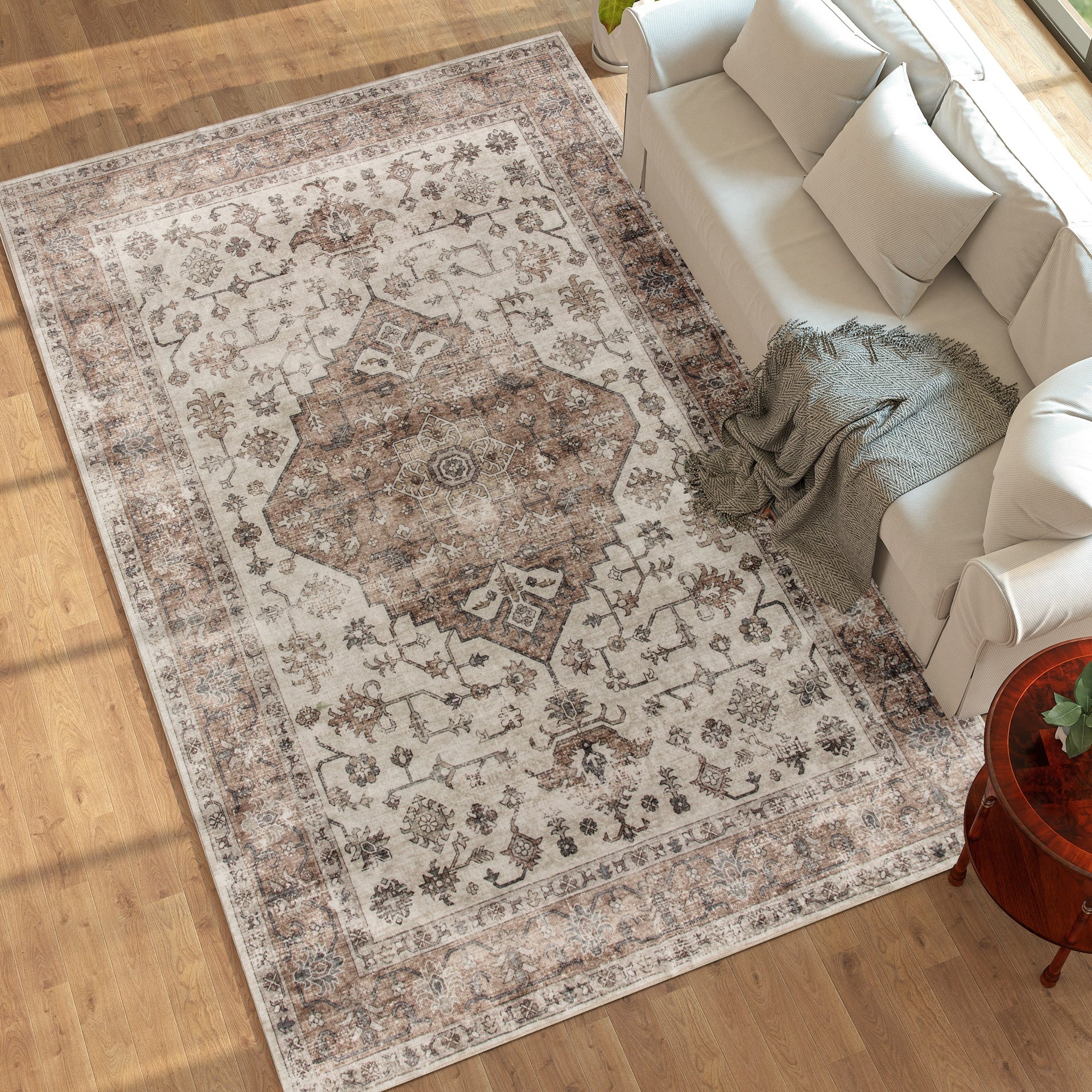 HOMCOM 8x10 Area Rug, Vintage Machine Washable Rug, Non-Slip Floor Carpet for Living Room, Bedroom, Dining Room, Tan