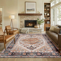 HOMCOM Area Rug 8x10, Machine Washable Rug, Non-Slip Boho Print Pattern Medallion Carpet for Living Room, Bedroom, Tawny Brown