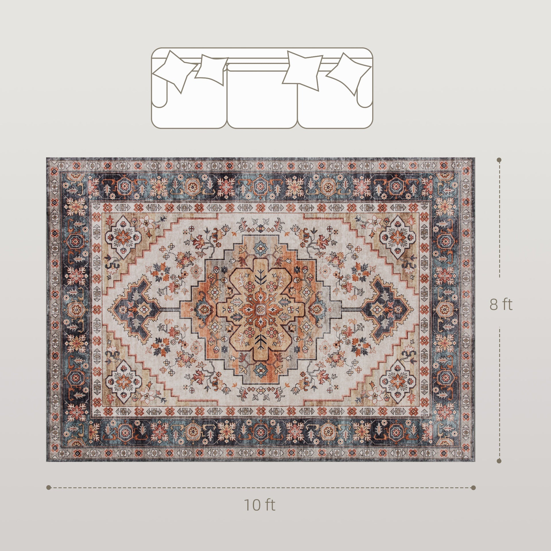 HOMCOM Area Rug 8x10, Machine Washable Rug, Non-Slip Boho Print Pattern Medallion Carpet for Living Room, Bedroom, Tawny Brown