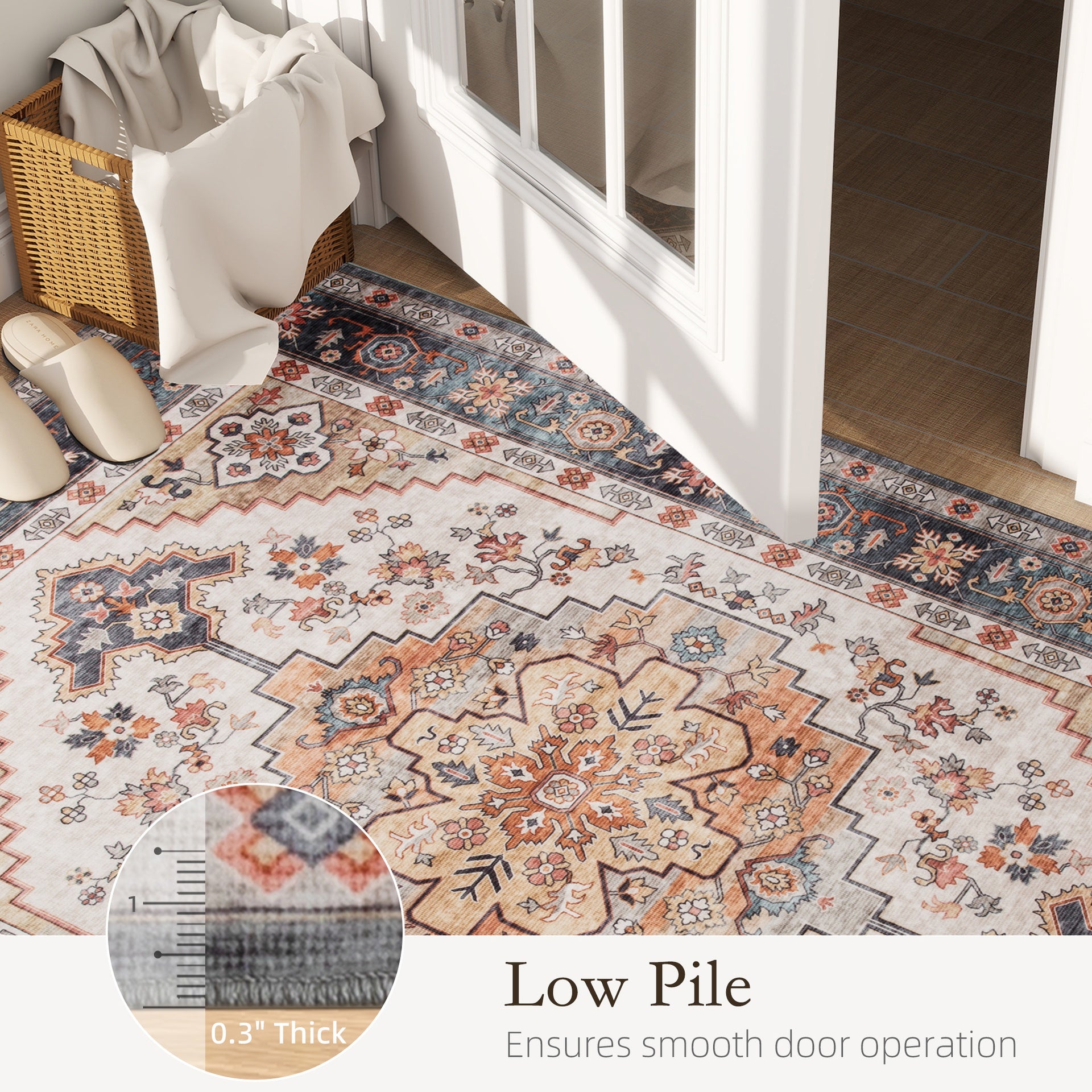 HOMCOM Area Rug 8x10, Machine Washable Rug, Non-Slip Boho Print Pattern Medallion Carpet for Living Room, Bedroom, Tawny Brown