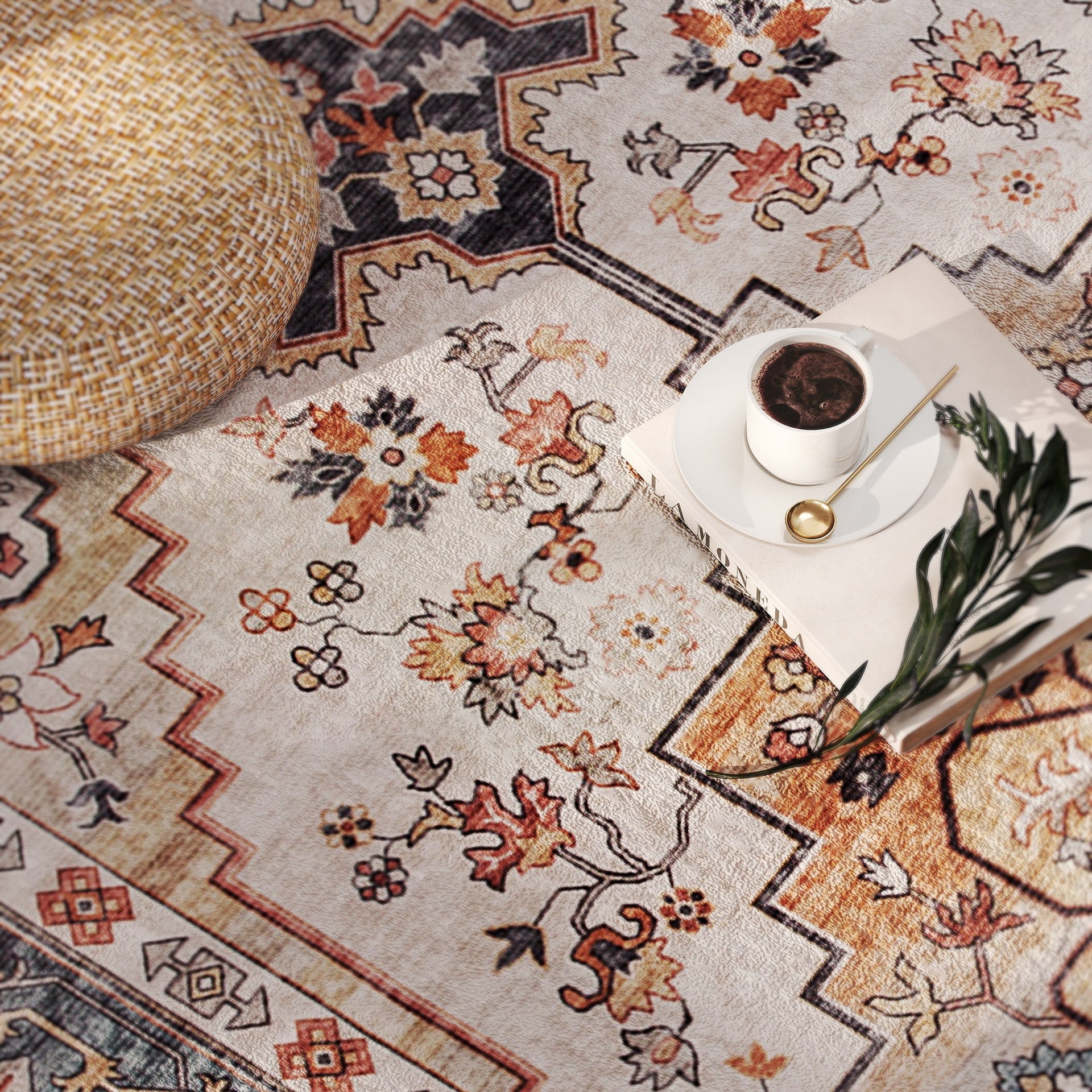 HOMCOM Area Rug 8x10, Machine Washable Rug, Non-Slip Boho Print Pattern Medallion Carpet for Living Room, Bedroom, Tawny Brown