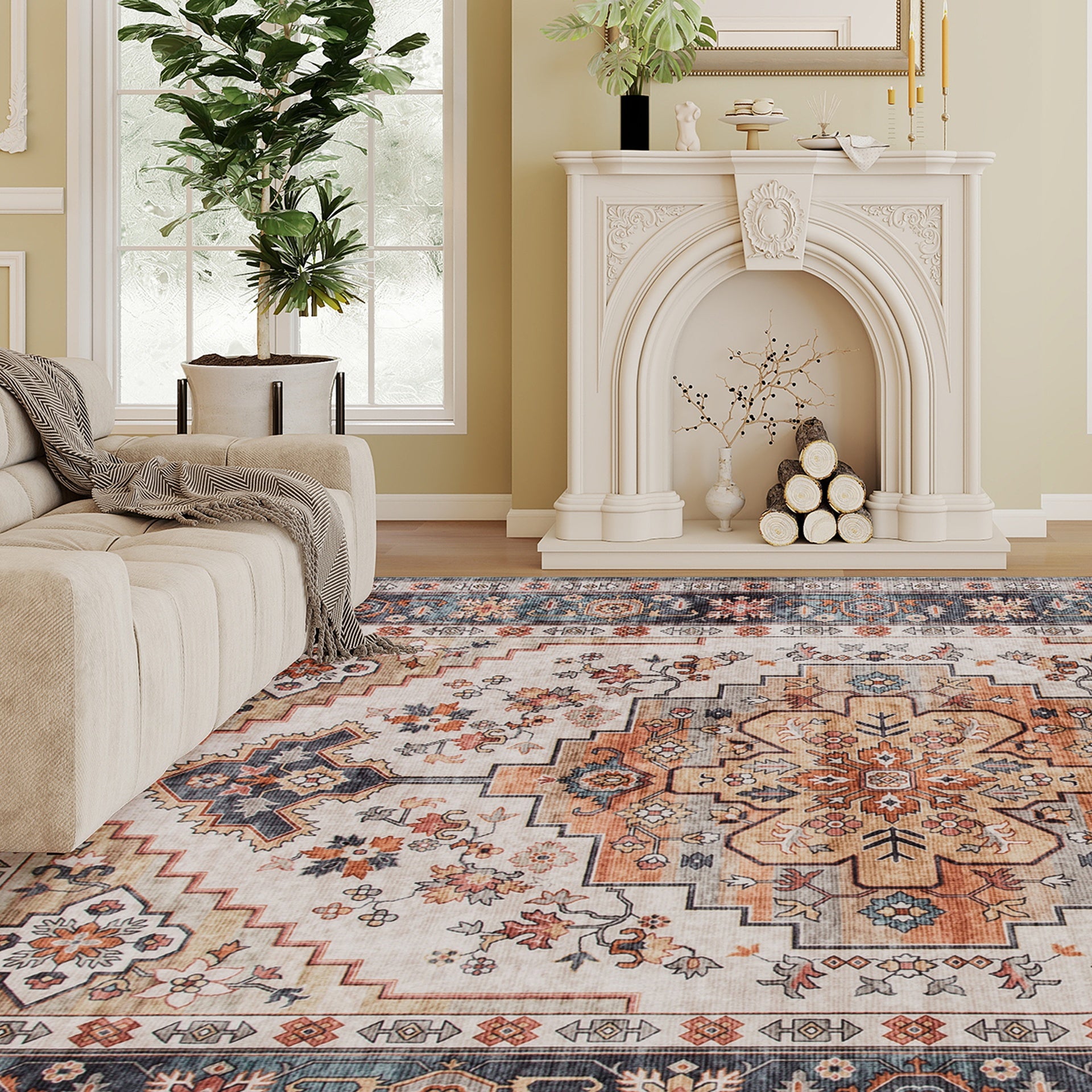 HOMCOM Area Rug 8x10, Machine Washable Rug, Non-Slip Boho Print Pattern Medallion Carpet for Living Room, Bedroom, Tawny Brown