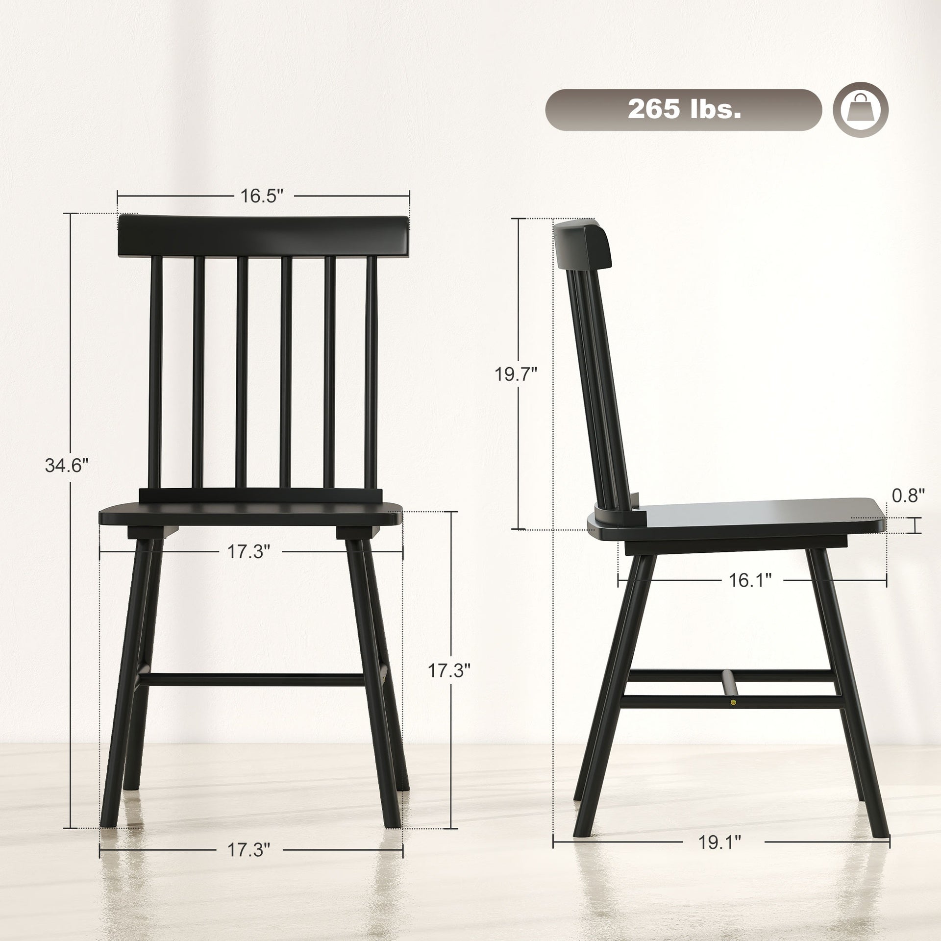 HOMCOM Dining Chairs Set of 2, Farmhouse Wood Kitchen Chairs with Rubber Wood Frame, Spindle Back for Dining Room, Black