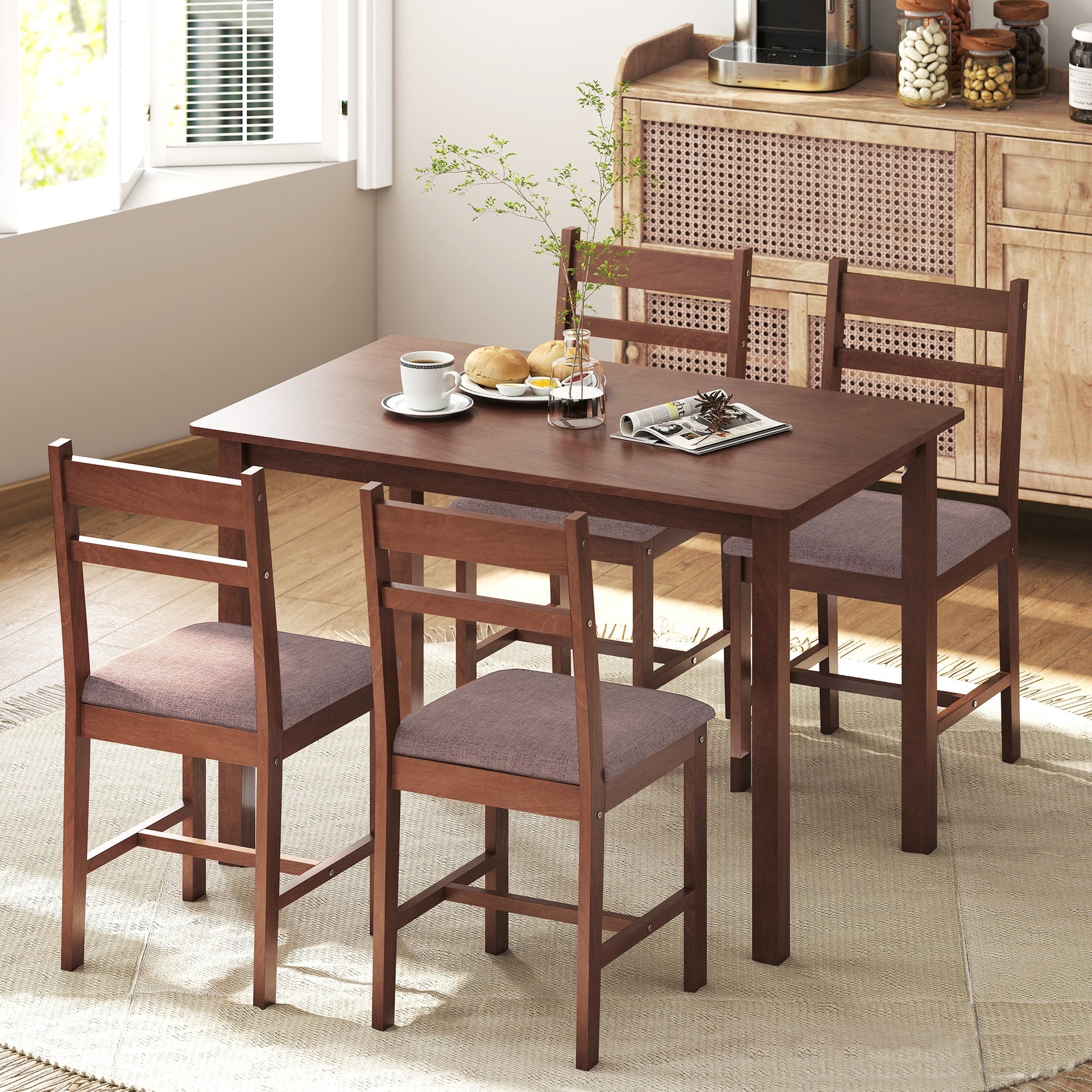 HOMCOM 5-Piece Solid Wood Dining Table Set for 4, Farmhouse Kitchen Table with Upholstered Chairs for Dining Room, Light Brown