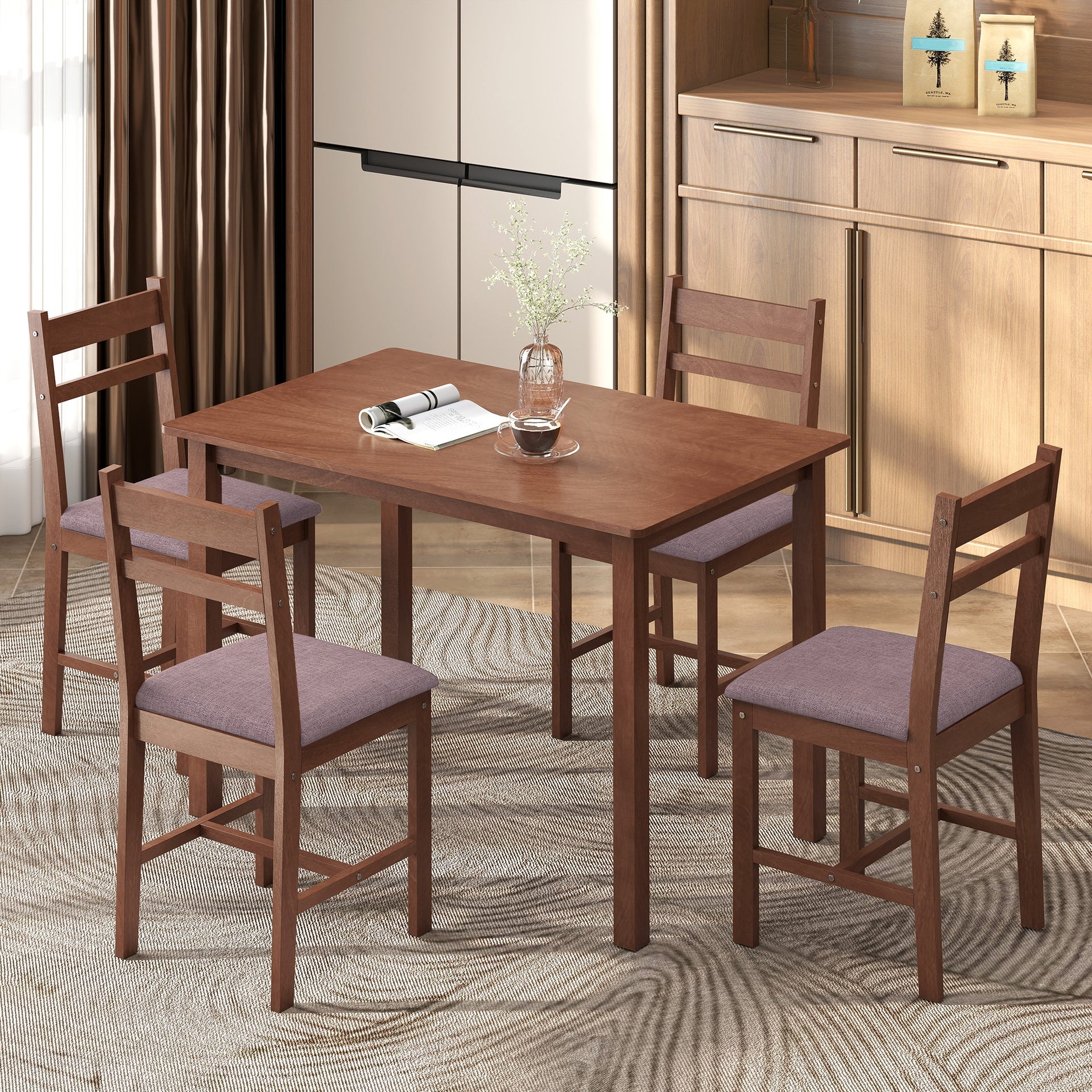 HOMCOM 5-Piece Solid Wood Dining Table Set for 4, Farmhouse Kitchen Table with Upholstered Chairs for Dining Room, Light Brown